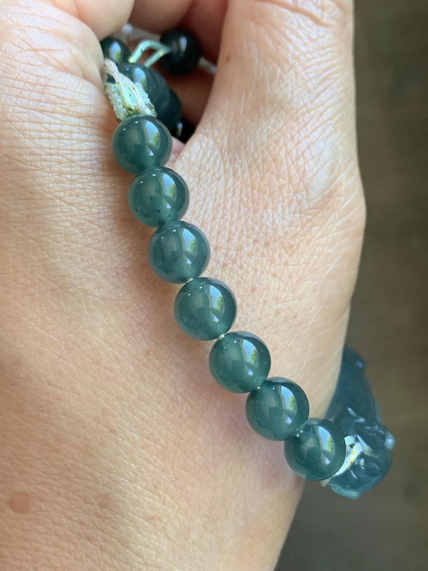 Natural Grade A Guatemalan Icy Translucent Dark Teal Blue Teal Green Jade Jadeite Dragon Hook Cuff Beaded Bracelet 7" 天然冰危蓝绿龙钩手牌手串 WLG253B