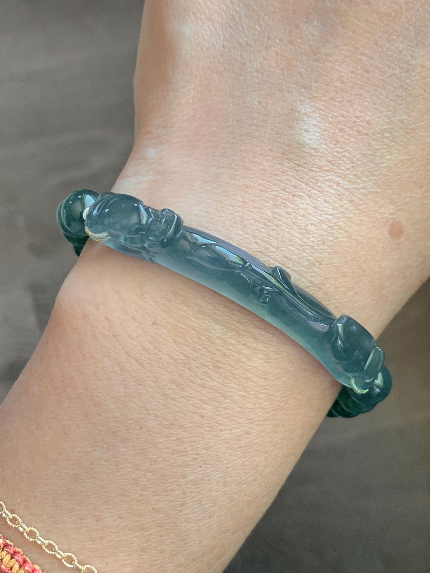 Natural Grade A Guatemalan Icy Translucent Dark Teal Blue Teal Green Jade Jadeite Dragon Hook Cuff Beaded Bracelet 7" 天然冰危蓝绿龙钩手牌手串 WLG253B