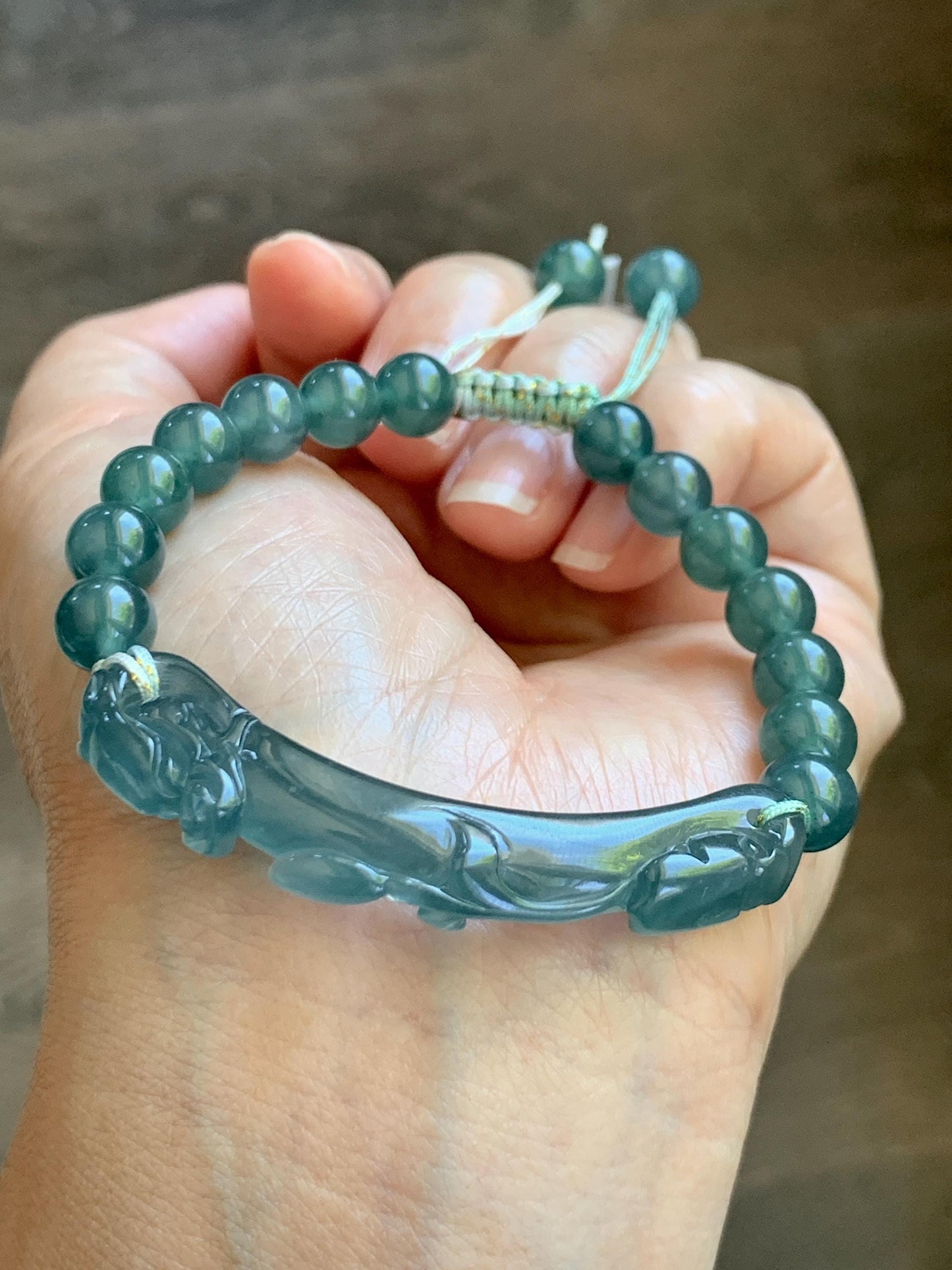 Natural Grade A Guatemalan Icy Translucent Dark Teal Blue Teal Green Jade Jadeite Dragon Hook Cuff Beaded Bracelet 7" 天然冰危蓝绿龙钩手牌手串 WLG253B