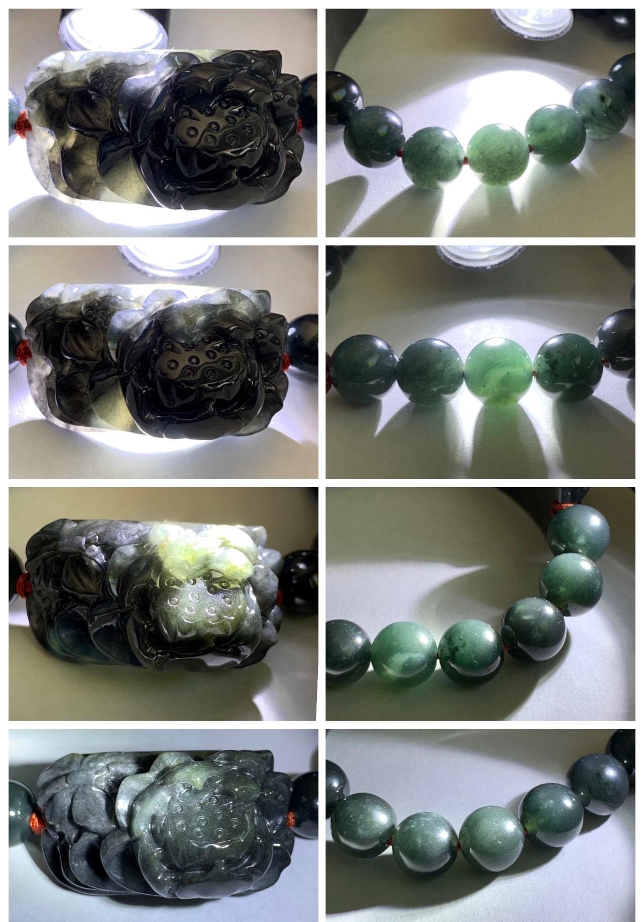 Natural Grade A Icy Translucent Dark Wuji Jade Jadeite Lotus Flower Cuff Guatemalan Wuji Jadeite Beaded Bracelet 7” 天然糯冰乌鸡翡翠莲花手牌手串 MWJ220