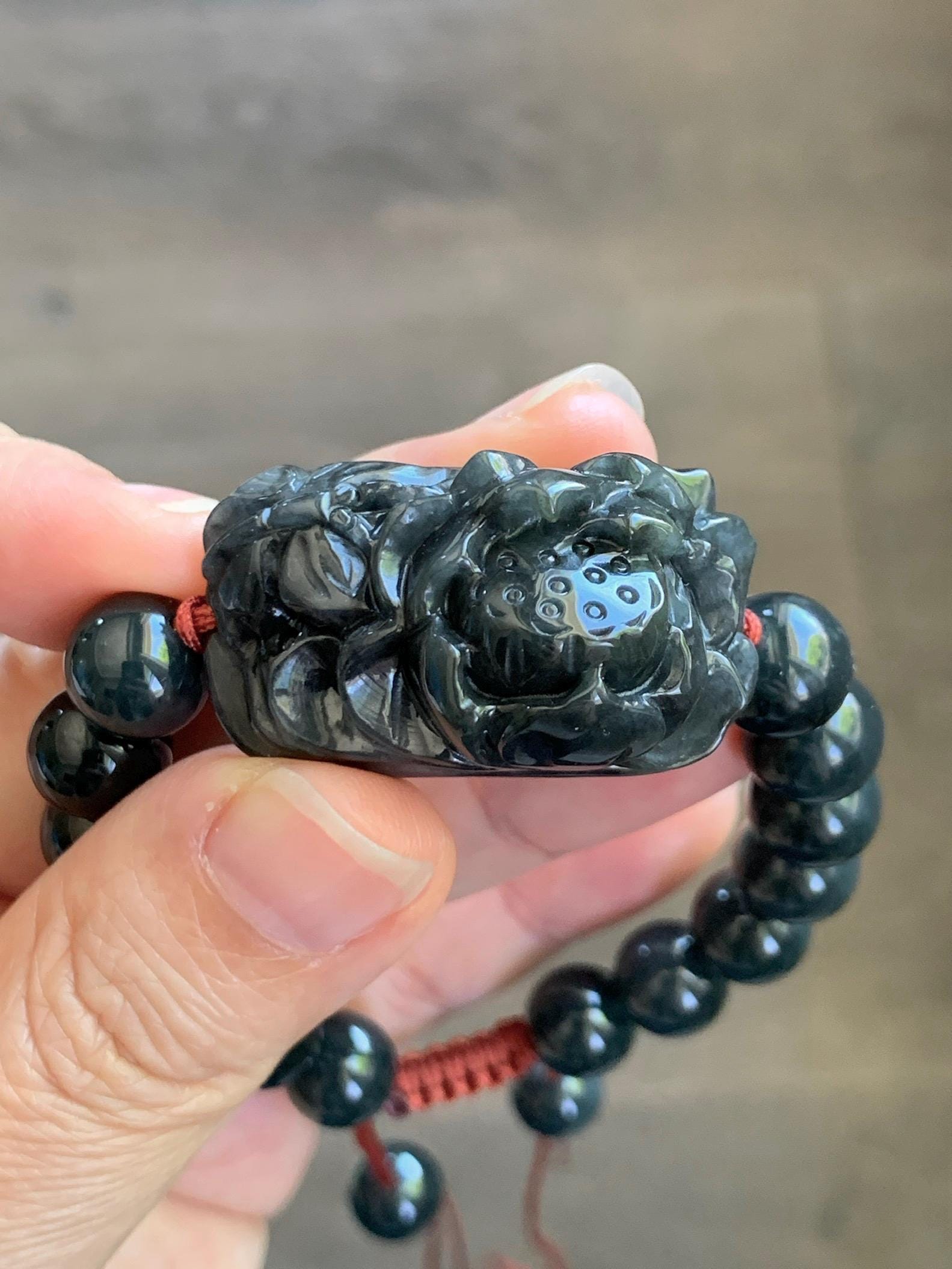 Natural Grade A Icy Translucent Dark Wuji Jade Jadeite Lotus Flower Cuff Guatemalan Wuji Jadeite Beaded Bracelet 7” 天然糯冰乌鸡翡翠莲花手牌手串 MWJ220