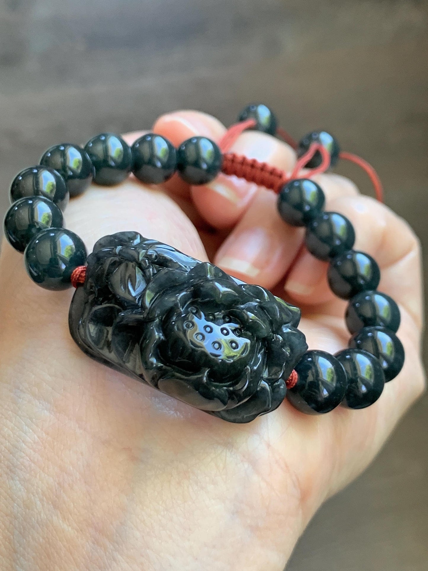 Natural Grade A Icy Translucent Dark Wuji Jade Jadeite Lotus Flower Cuff Guatemalan Wuji Jadeite Beaded Bracelet 7” 天然糯冰乌鸡翡翠莲花手牌手串 MWJ220