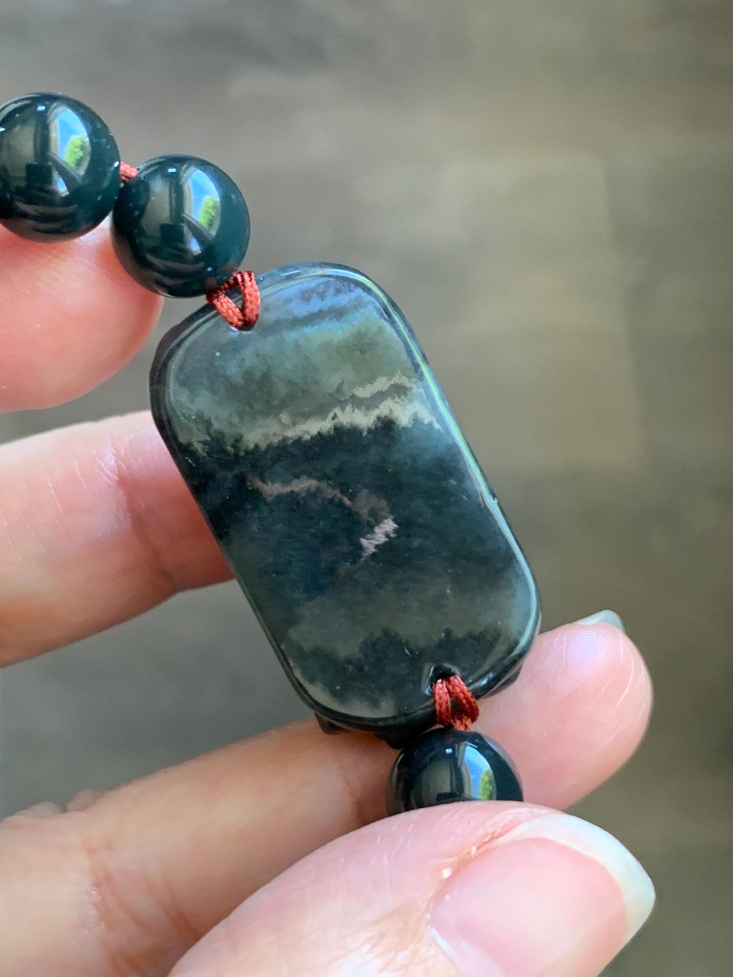Natural Grade A Icy Translucent Dark Wuji Jade Jadeite Lotus Flower Cuff Guatemalan Wuji Jadeite Beaded Bracelet 7” 天然糯冰乌鸡翡翠莲花手牌手串 MWJ220