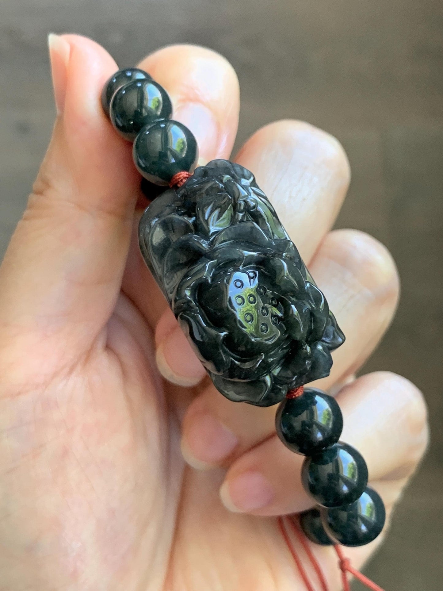 Natural Grade A Icy Translucent Dark Wuji Jade Jadeite Lotus Flower Cuff Guatemalan Wuji Jadeite Beaded Bracelet 7” 天然糯冰乌鸡翡翠莲花手牌手串 MWJ220
