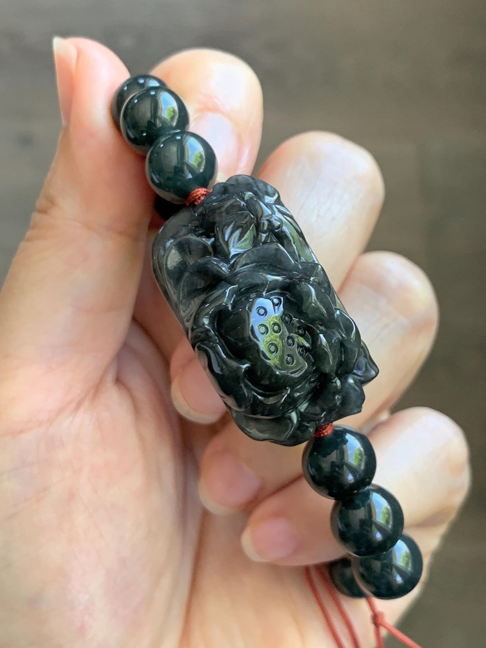 Natural Grade A Icy Translucent Dark Wuji Jade Jadeite Lotus Flower Cuff Guatemalan Wuji Jadeite Beaded Bracelet 7” 天然糯冰乌鸡翡翠莲花手牌手串 MWJ220