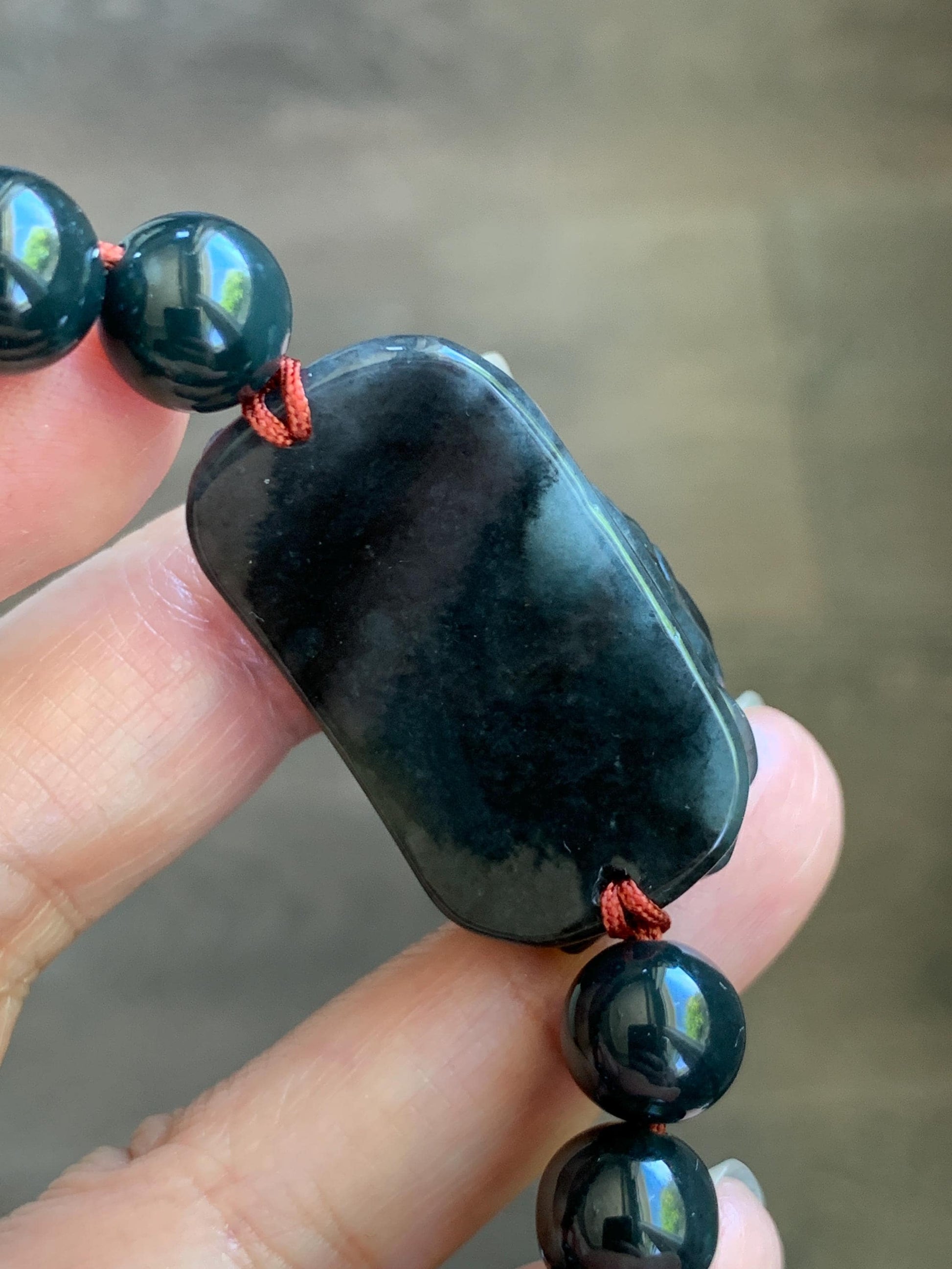 Natural Grade A Icy Translucent Dark Wuji Jade Jadeite Lotus Flower Cuff Guatemalan Wuji Jadeite Beaded Bracelet 7” 天然糯冰乌鸡翡翠莲花手牌手串 MWJ220