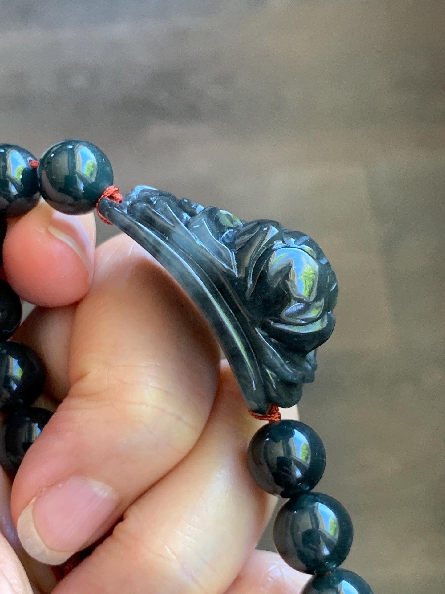 Natural Grade A Icy Translucent Dark Wuji Jade Jadeite Lotus Flower Cuff Guatemalan Wuji Jadeite Beaded Bracelet 7” 天然糯冰乌鸡翡翠莲花手牌手串 MWJ220