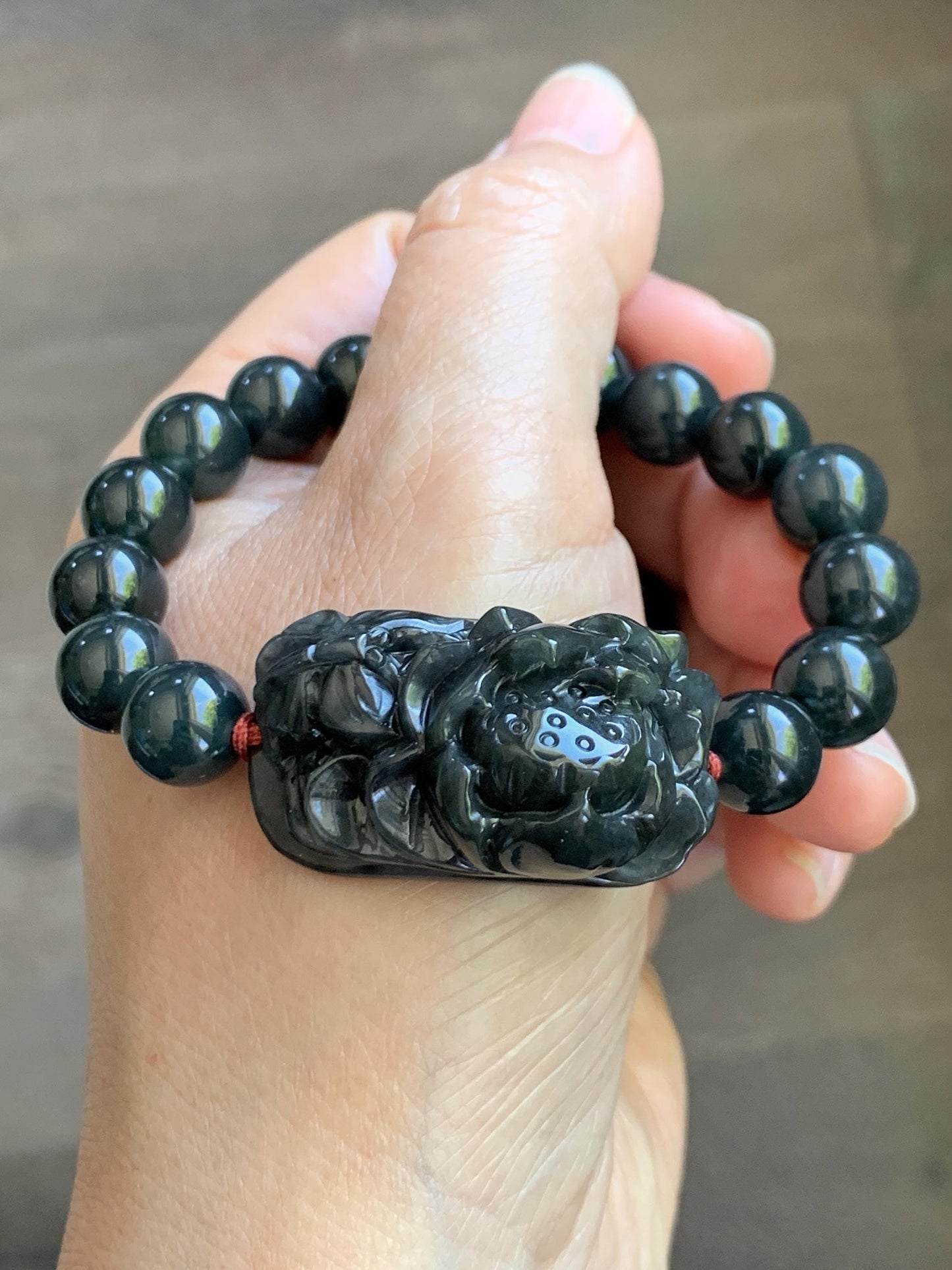 Natural Grade A Icy Translucent Dark Wuji Jade Jadeite Lotus Flower Cuff Guatemalan Wuji Jadeite Beaded Bracelet 7” 天然糯冰乌鸡翡翠莲花手牌手串 MWJ220