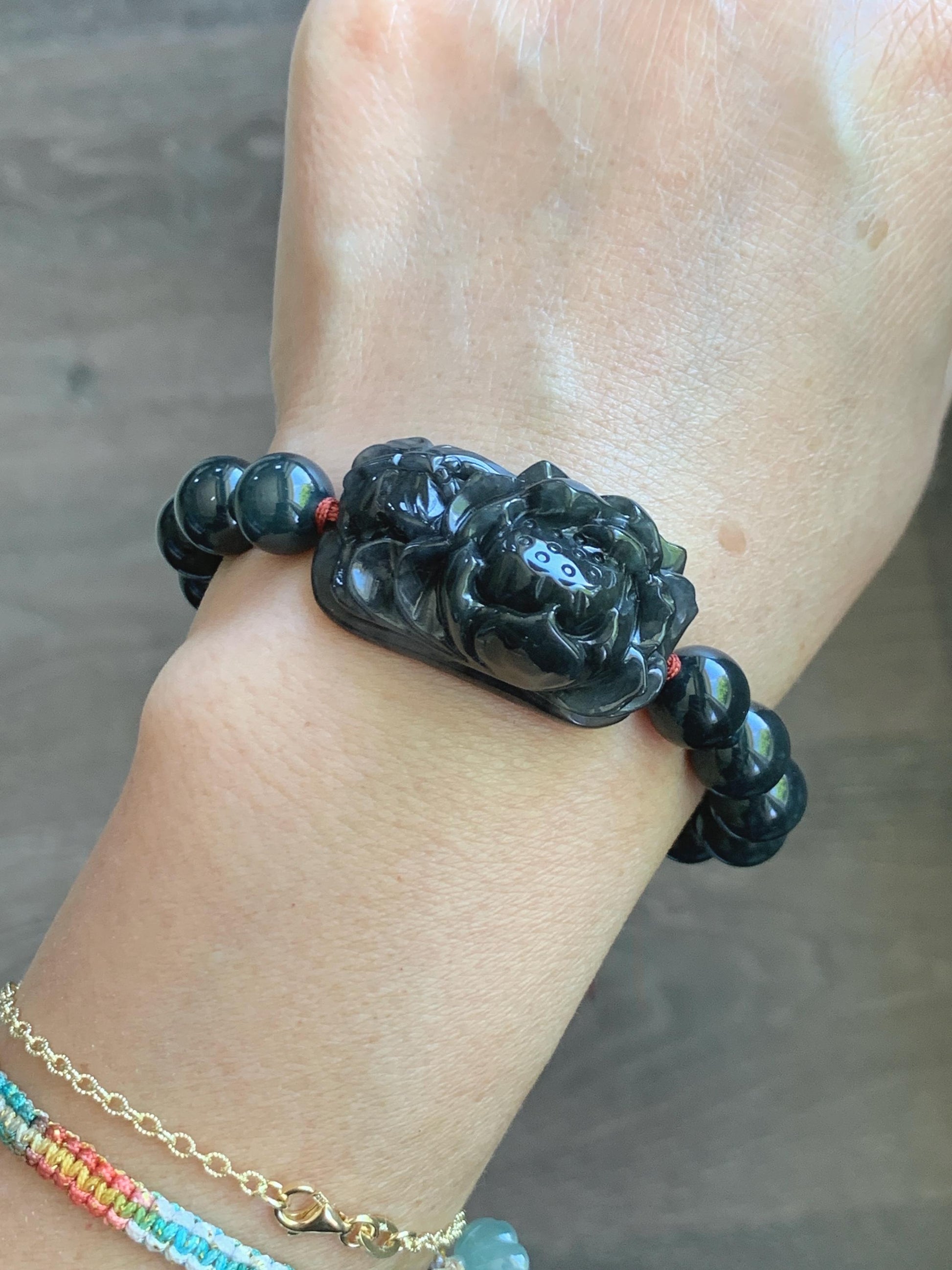 Natural Grade A Icy Translucent Dark Wuji Jade Jadeite Lotus Flower Cuff Guatemalan Wuji Jadeite Beaded Bracelet 7” 天然糯冰乌鸡翡翠莲花手牌手串 MWJ220