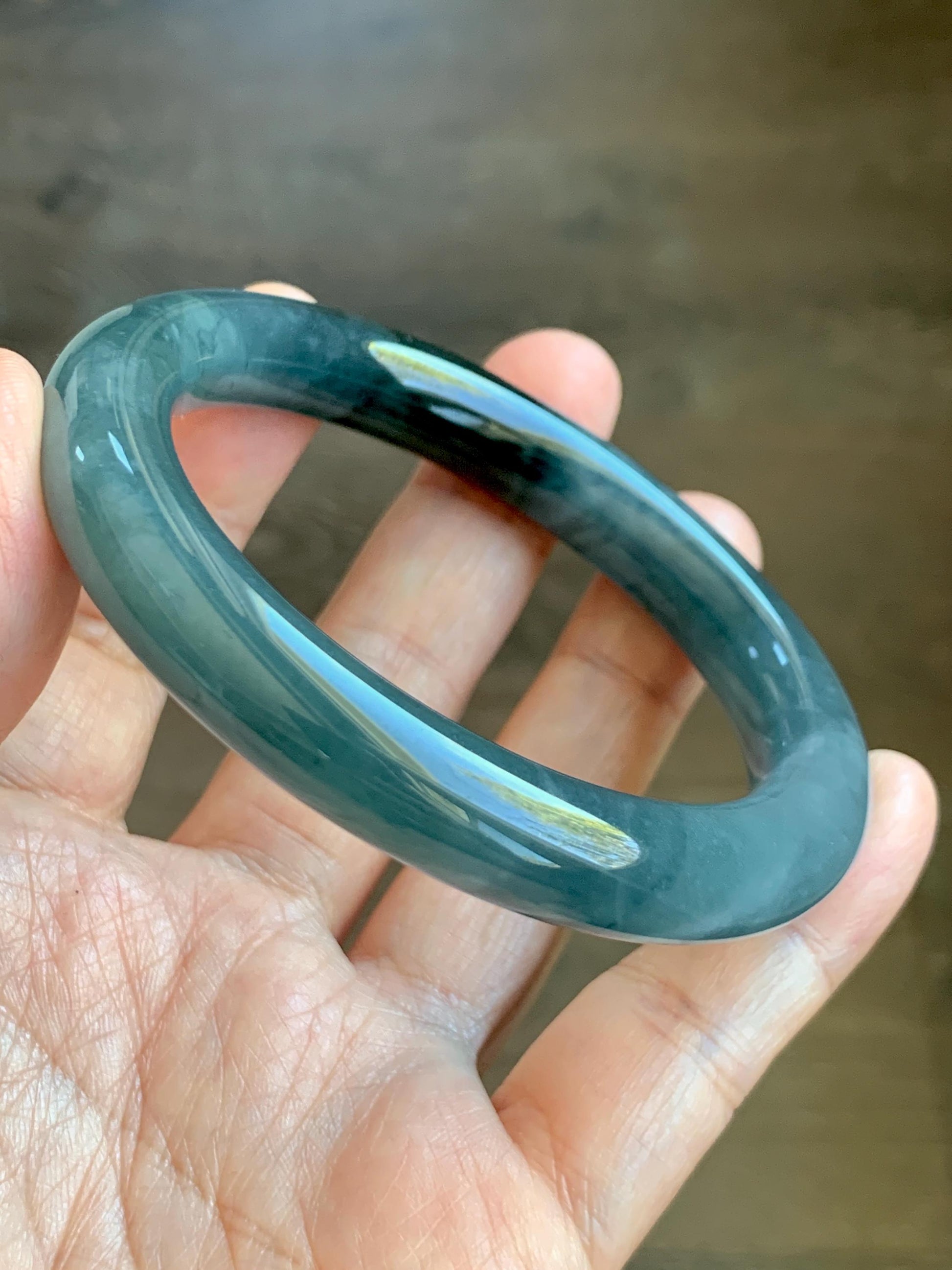 Certified Natural Grade A Guatemalan Icy Translucent Dark Dusty Blue Jade Jadeite Wide Bangle Bracelet 57.06mm 7” 60g 天然冰危暗蓝翡翠粗圆条手镯 947
