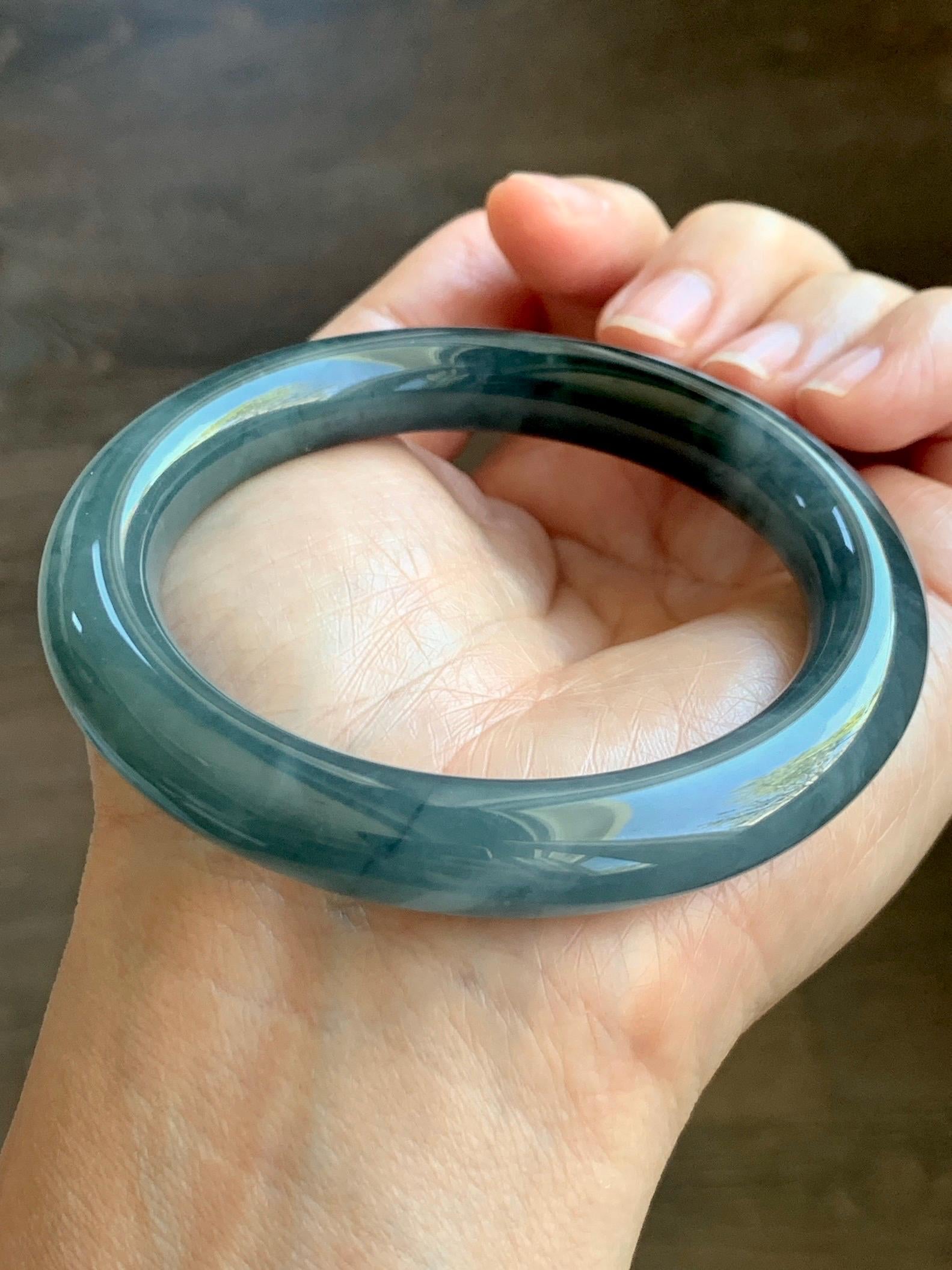 Certified Natural Grade A Guatemalan Icy Translucent Dark Dusty Blue Jade Jadeite Wide Bangle Bracelet 57.06mm 7” 60g 天然冰危暗蓝翡翠粗圆条手镯 947