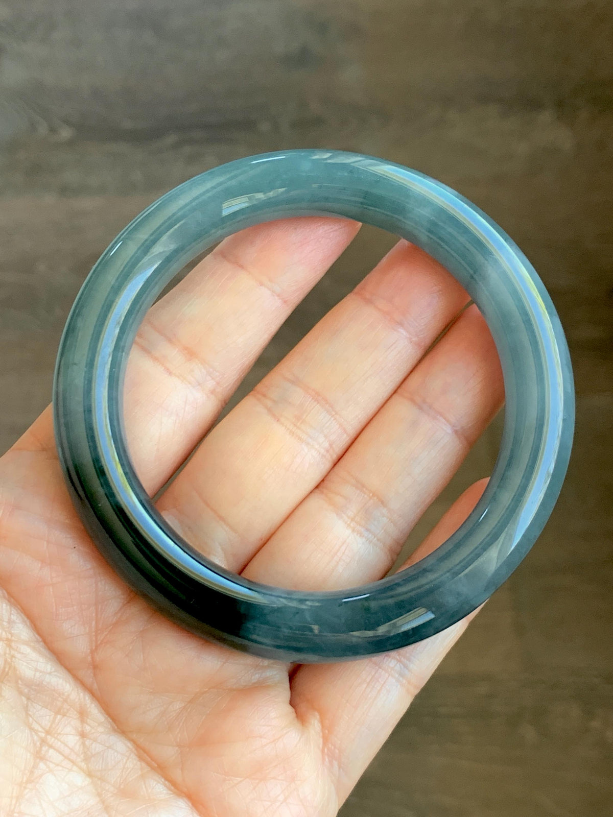 Certified Natural Grade A Guatemalan Icy Translucent Dark Dusty Blue Jade Jadeite Wide Bangle Bracelet 57.06mm 7” 60g 天然冰危暗蓝翡翠粗圆条手镯 947