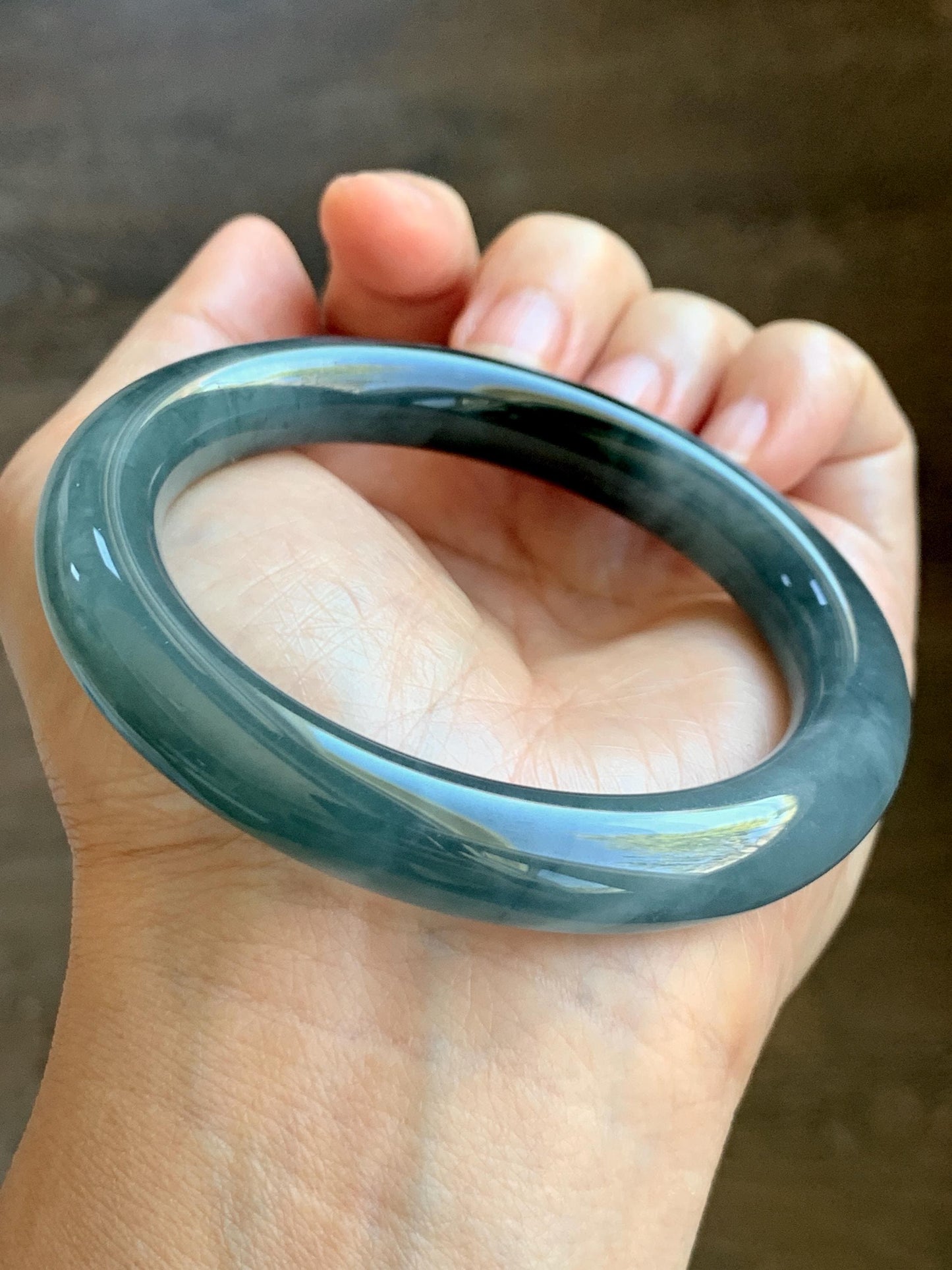 Certified Natural Grade A Guatemalan Icy Translucent Dark Dusty Blue Jade Jadeite Wide Bangle Bracelet 57.06mm 7” 60g 天然冰危暗蓝翡翠粗圆条手镯 947