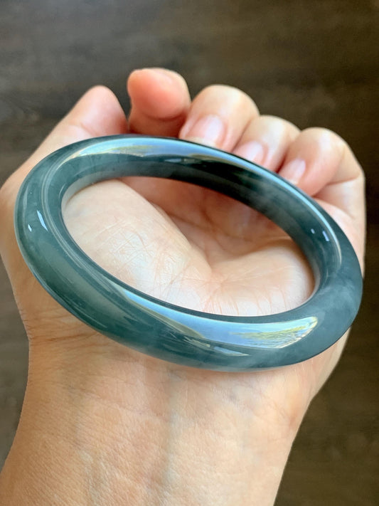 Certified Natural Grade A Guatemalan Icy Translucent Dark Dusty Blue Jade Jadeite Wide Bangle Bracelet 57.06mm 7” 60g 天然冰危暗蓝翡翠粗圆条手镯 947