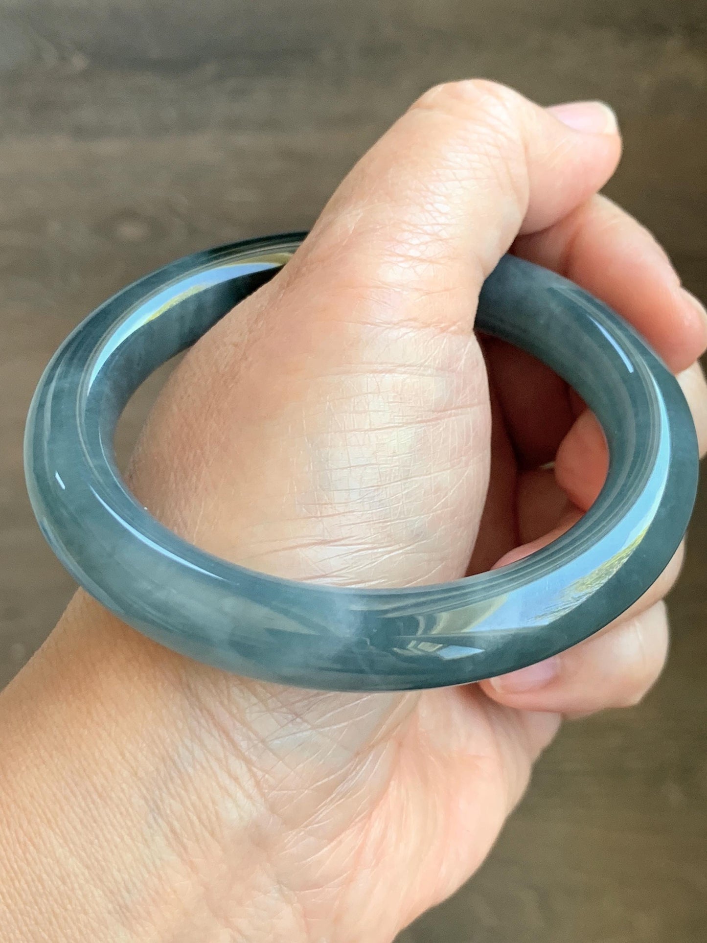 Certified Natural Grade A Guatemalan Icy Translucent Dark Dusty Blue Jade Jadeite Wide Bangle Bracelet 57.06mm 7” 60g 天然冰危暗蓝翡翠粗圆条手镯 947