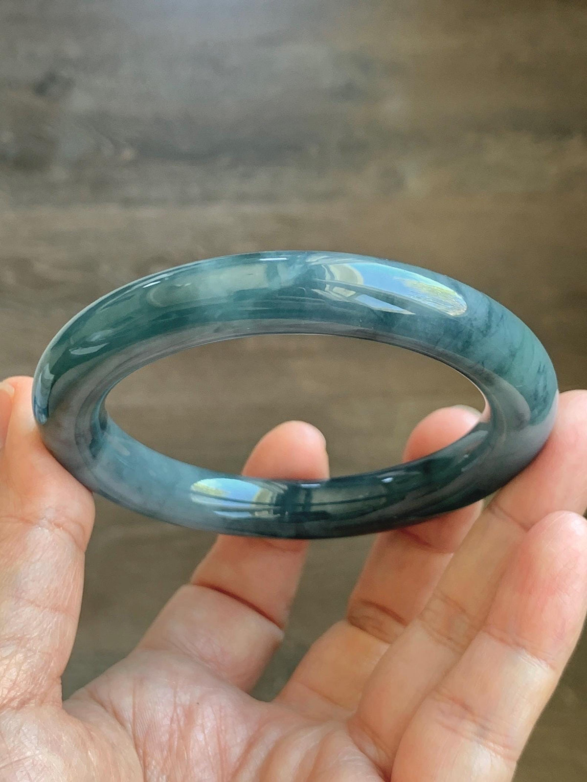 Certified Natural Grade A Guatemalan Icy Translucent Dark Dusty Blue Jade Jadeite Wide Bangle Bracelet 56mm 6.93” 59g 天然冰危暗蓝翡翠粗圆条手镯 948