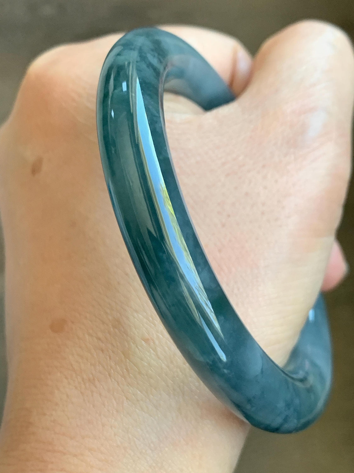 Certified Natural Grade A Guatemalan Icy Translucent Dark Dusty Blue Jade Jadeite Wide Bangle Bracelet 56mm 6.93” 59g 天然冰危暗蓝翡翠粗圆条手镯 948