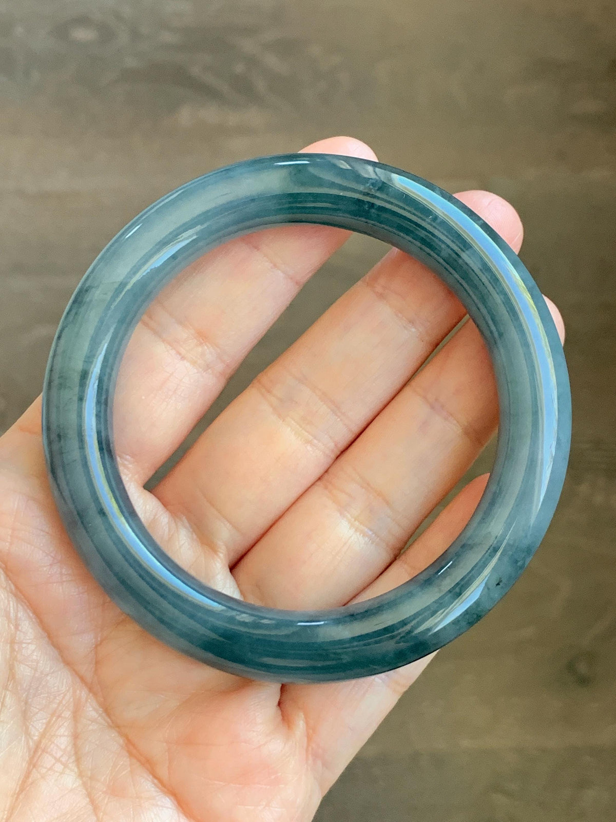 Certified Natural Grade A Guatemalan Icy Translucent Dark Dusty Blue Jade Jadeite Wide Bangle Bracelet 56mm 6.93” 59g 天然冰危暗蓝翡翠粗圆条手镯 948