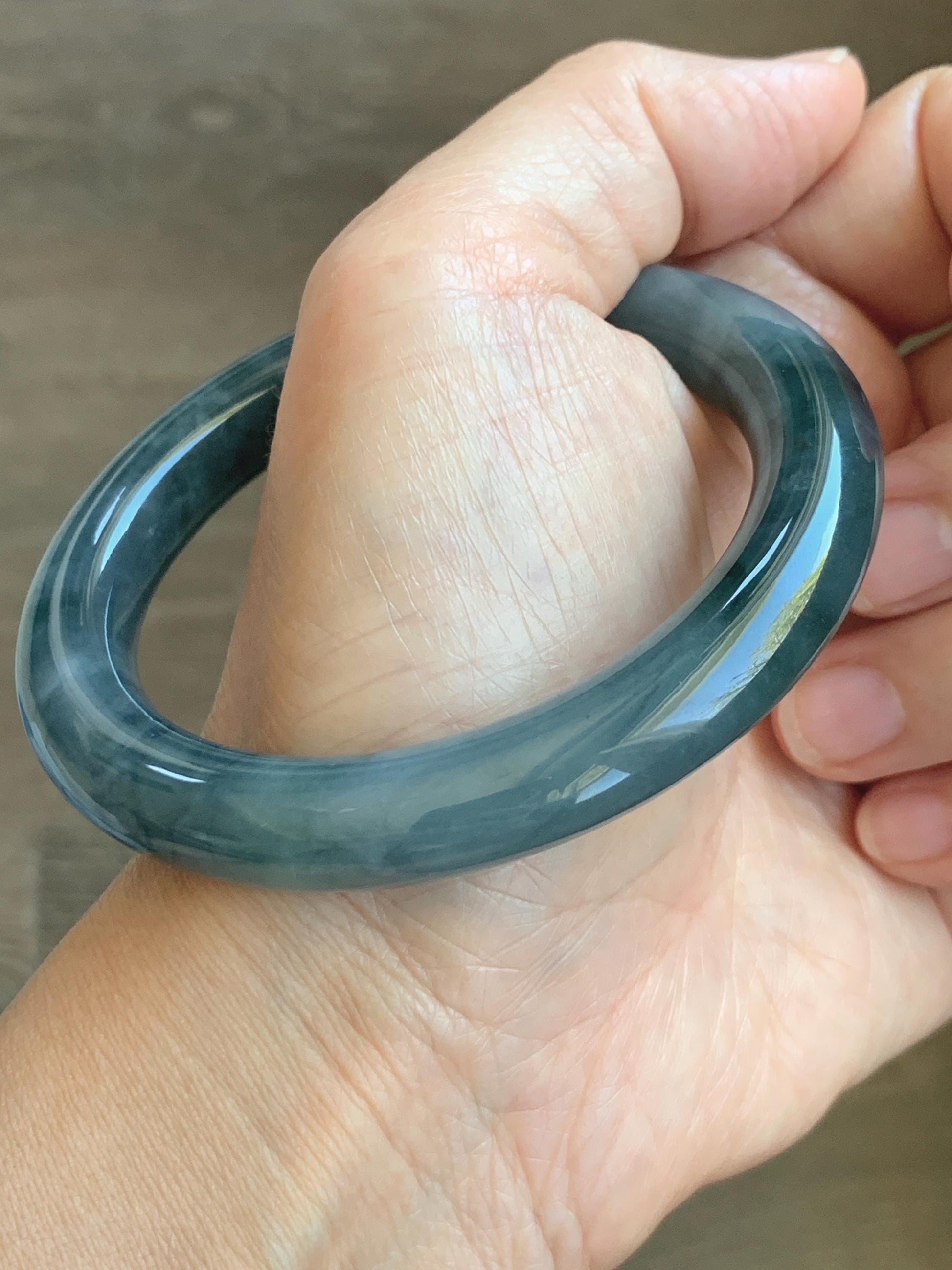 Certified Natural Grade A Guatemalan Icy Translucent Dark Dusty Blue Jade Jadeite Wide Bangle Bracelet 56mm 6.93” 59g 天然冰危暗蓝翡翠粗圆条手镯 948