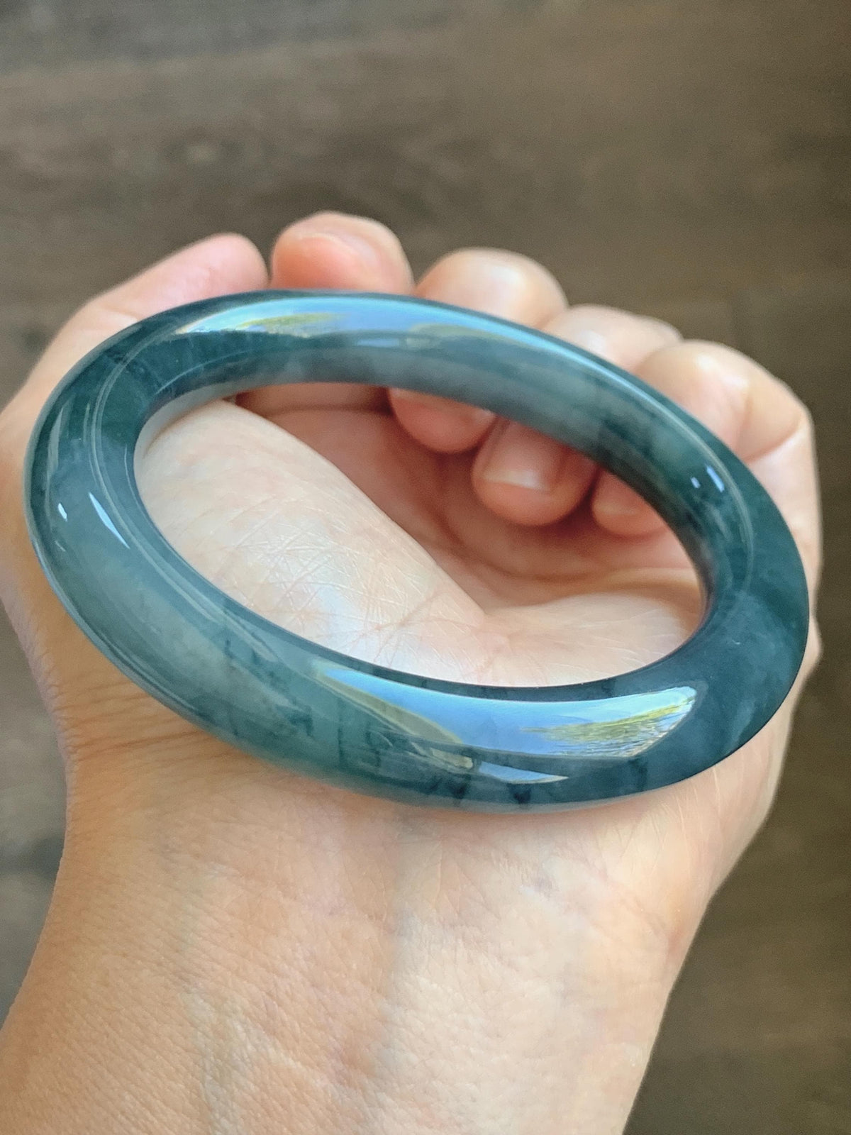 Certified Natural Grade A Guatemalan Icy Translucent Dark Dusty Blue Jade Jadeite Wide Bangle Bracelet 56mm 6.93” 59g 天然冰危暗蓝翡翠粗圆条手镯 948