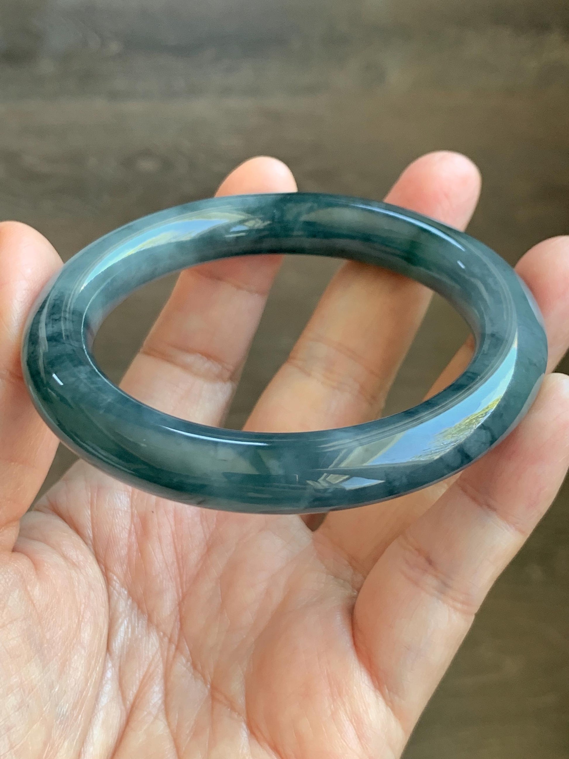 Certified Natural Grade A Guatemalan Icy Translucent Dark Dusty Blue Jade Jadeite Wide Bangle Bracelet 56mm 6.93” 59g 天然冰危暗蓝翡翠粗圆条手镯 948