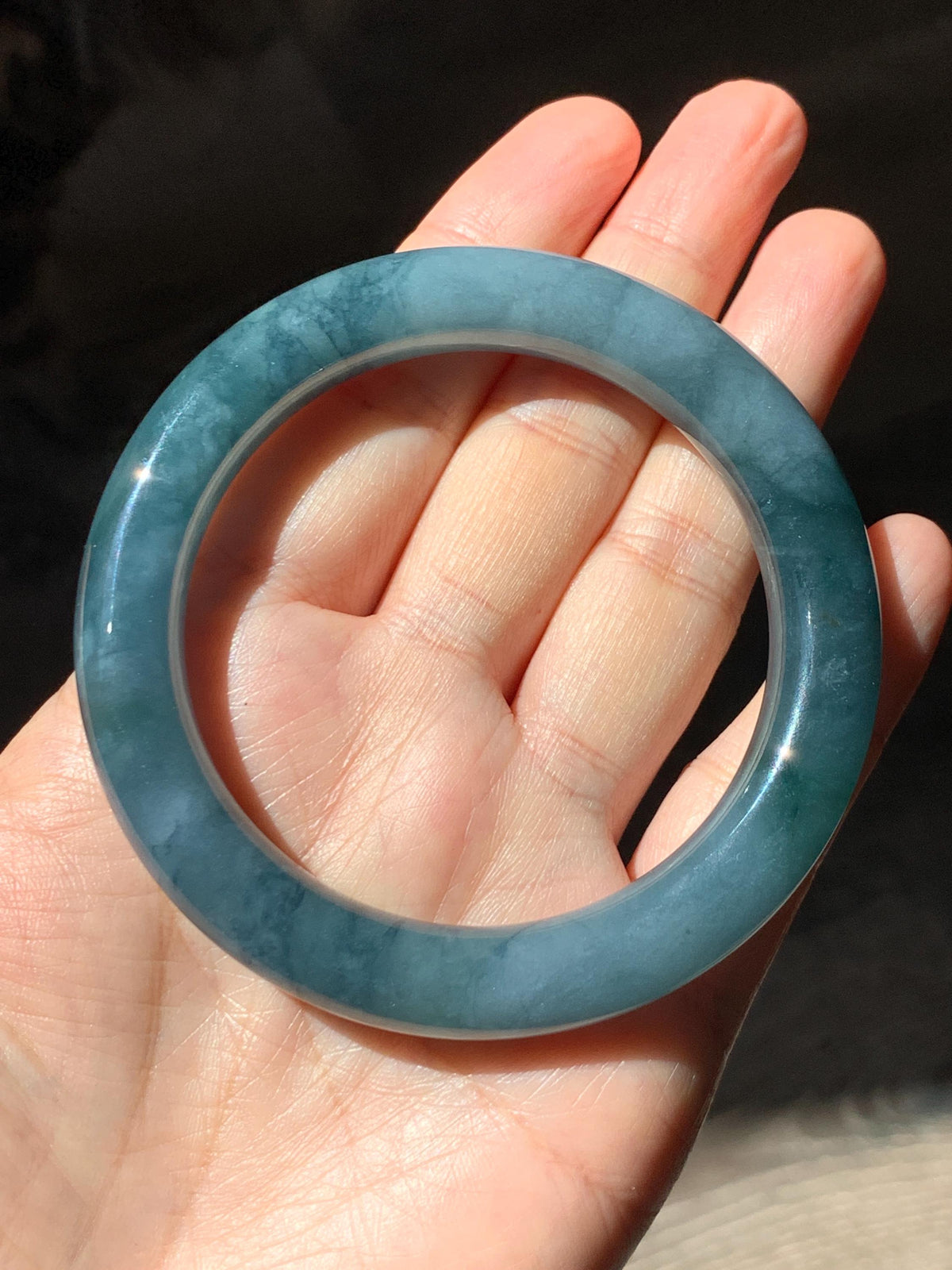 Certified Natural Grade A Guatemalan Icy Translucent Dark Dusty Blue Jade Jadeite Wide Bangle Bracelet 56mm 6.93” 59g 天然冰危暗蓝翡翠粗圆条手镯 948