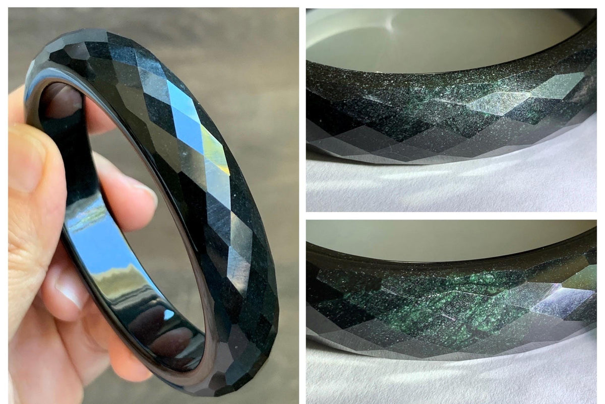 Certified Natural Grade A Opaque Black Jade Jadeite Diamond Faceted Wide Bangle 59.26mm 7.33” 61g 天然墨翠宽版切割面手镯 943