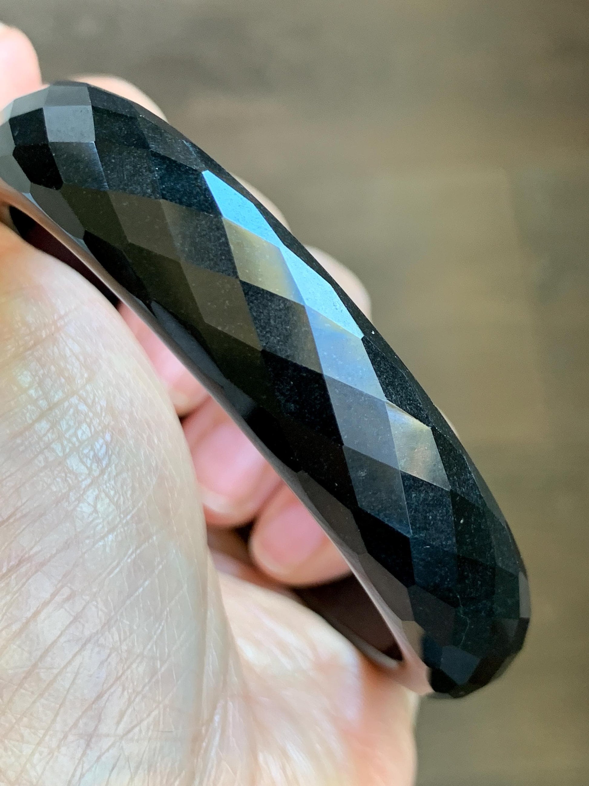 Certified Natural Grade A Opaque Black Jade Jadeite Diamond Faceted Wide Bangle 59.26mm 7.33” 61g 天然墨翠宽版切割面手镯 943