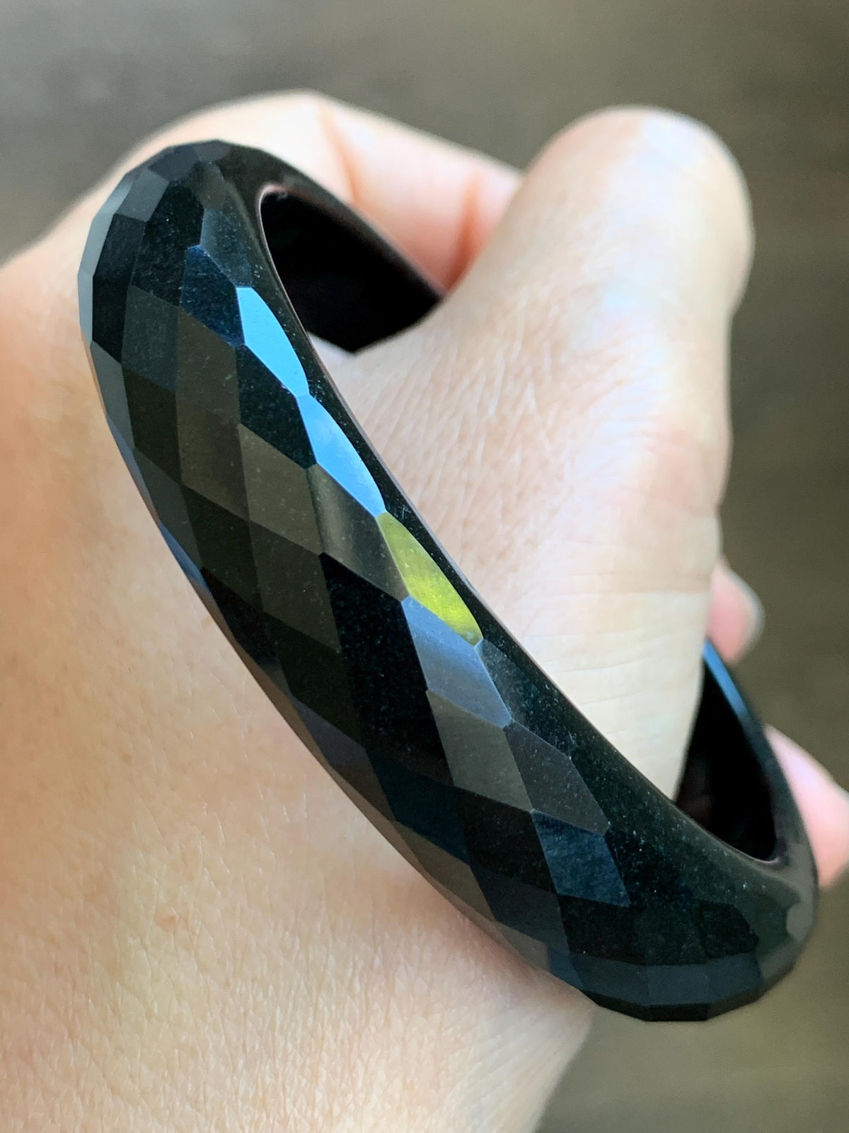 Certified Natural Grade A Opaque Black Jade Jadeite Diamond Faceted Wide Bangle 59.26mm 7.33” 61g 天然墨翠宽版切割面手镯 943