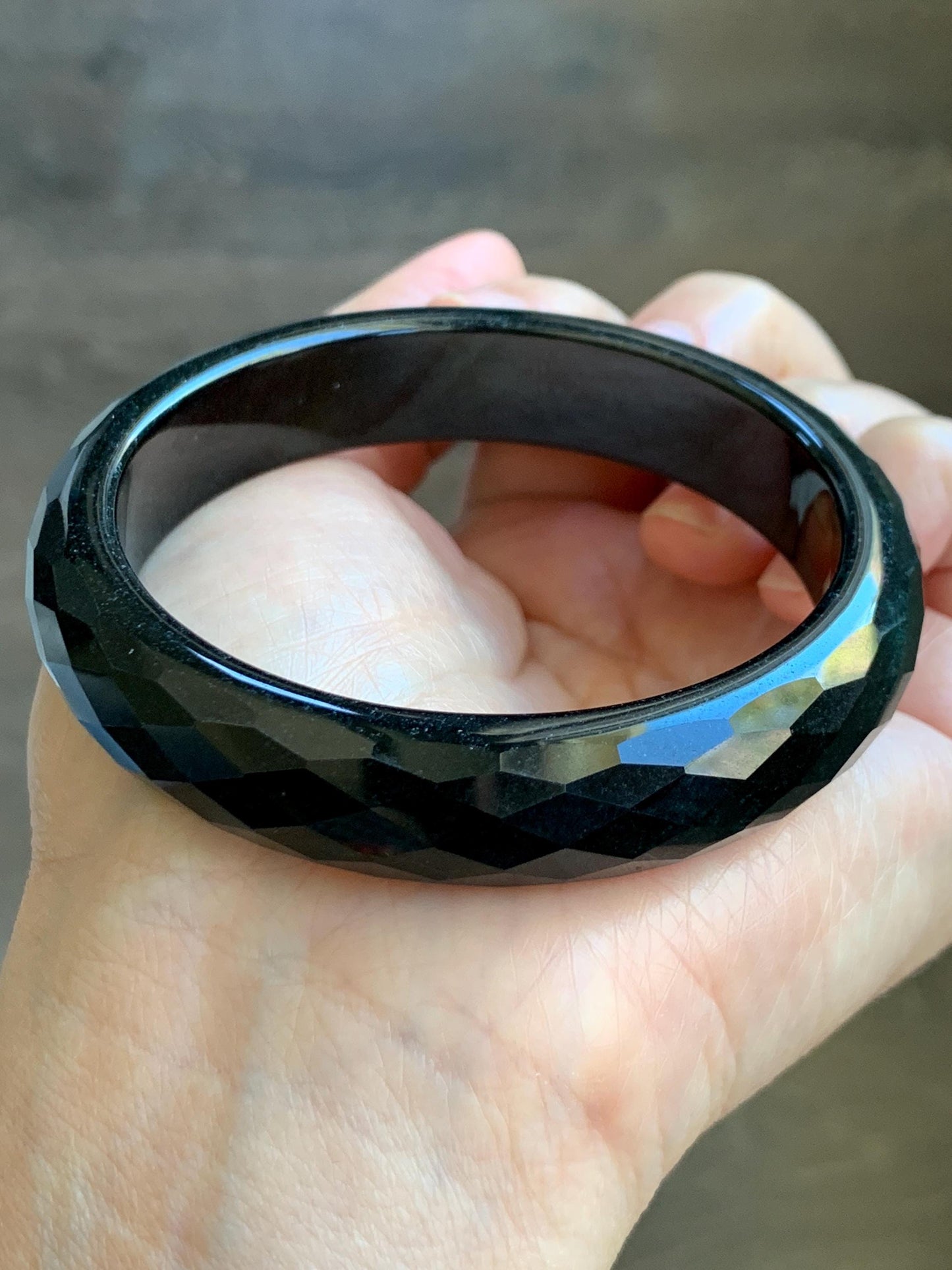 Certified Natural Grade A Opaque Black Jade Jadeite Diamond Faceted Wide Bangle 59.26mm 7.33” 61g 天然墨翠宽版切割面手镯 943