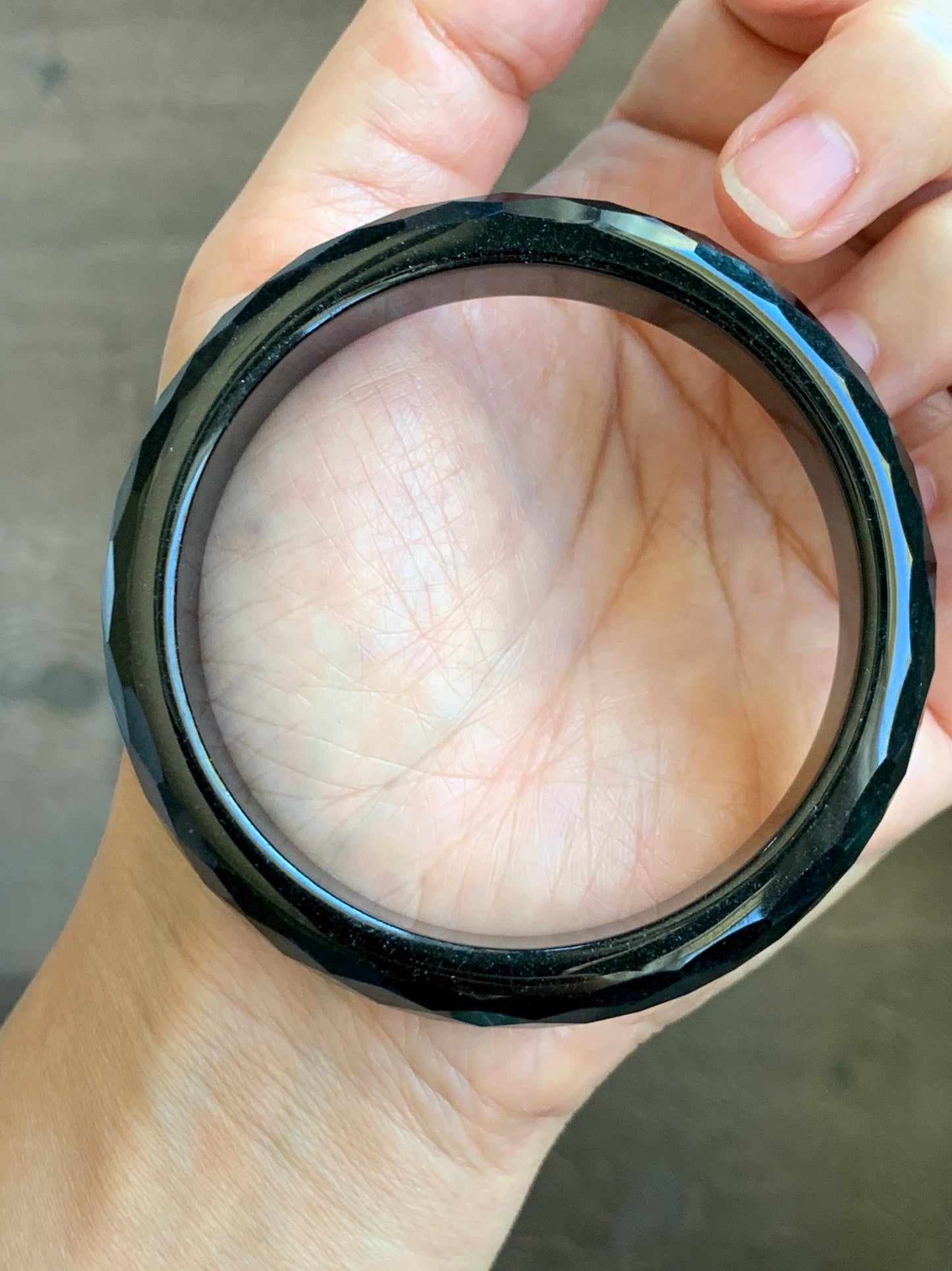 Certified Natural Grade A Opaque Black Jade Jadeite Diamond Faceted Wide Bangle 59.26mm 7.33” 61g 天然墨翠宽版切割面手镯 943