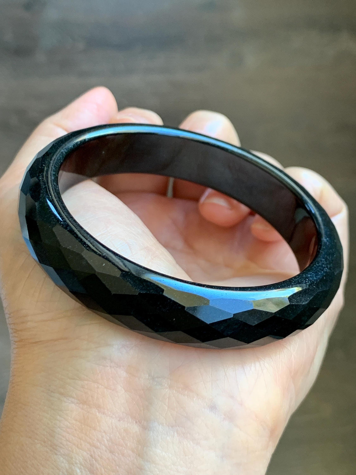 Certified Natural Grade A Opaque Black Jade Jadeite Diamond Faceted Wide Bangle 59.26mm 7.33” 61g 天然墨翠宽版切割面手镯 943