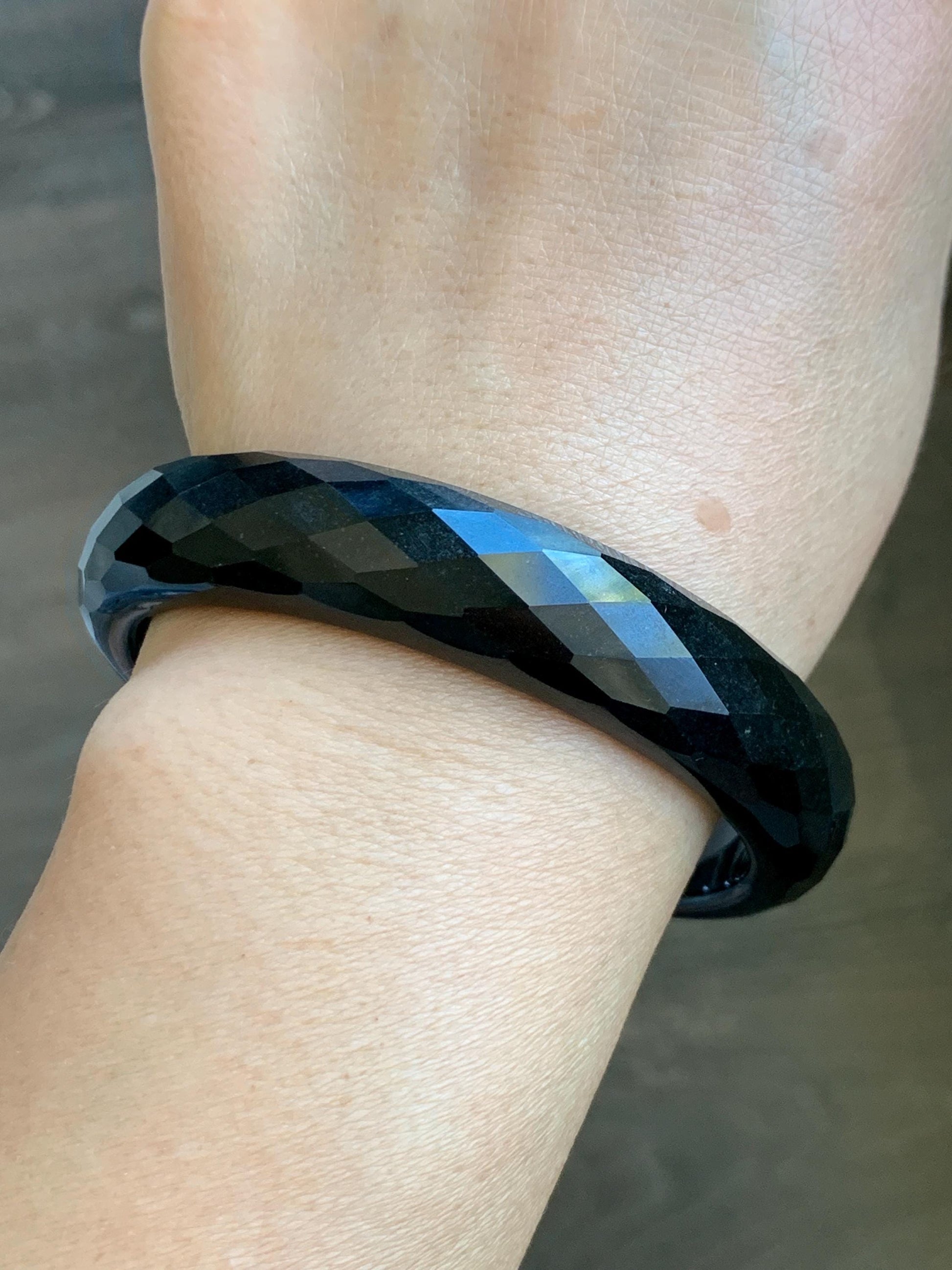 Certified Natural Grade A Opaque Black Jade Jadeite Diamond Faceted Wide Bangle 59.26mm 7.33” 61g 天然墨翠宽版切割面手镯 943