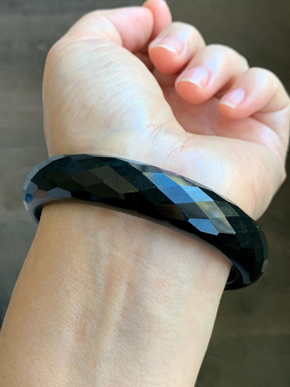 Certified Natural Grade A Opaque Black Jade Jadeite Diamond Faceted Wide Bangle 59.26mm 7.33” 61g 天然墨翠宽版切割面手镯 943