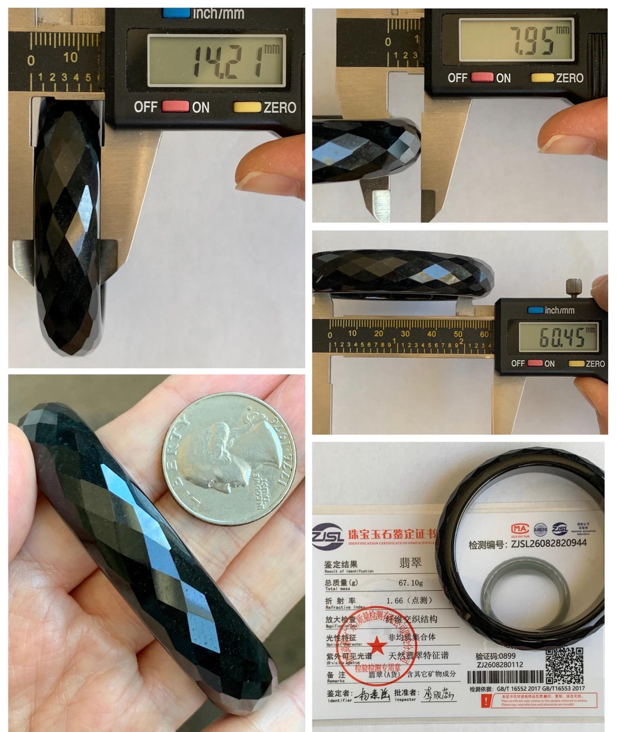 Certified Natural Grade A Opaque Black Jade Jadeite Diamond Faceted Wide Bangle 60.45mm 7.47” 67g 天然墨翠宽版切割面手镯 944