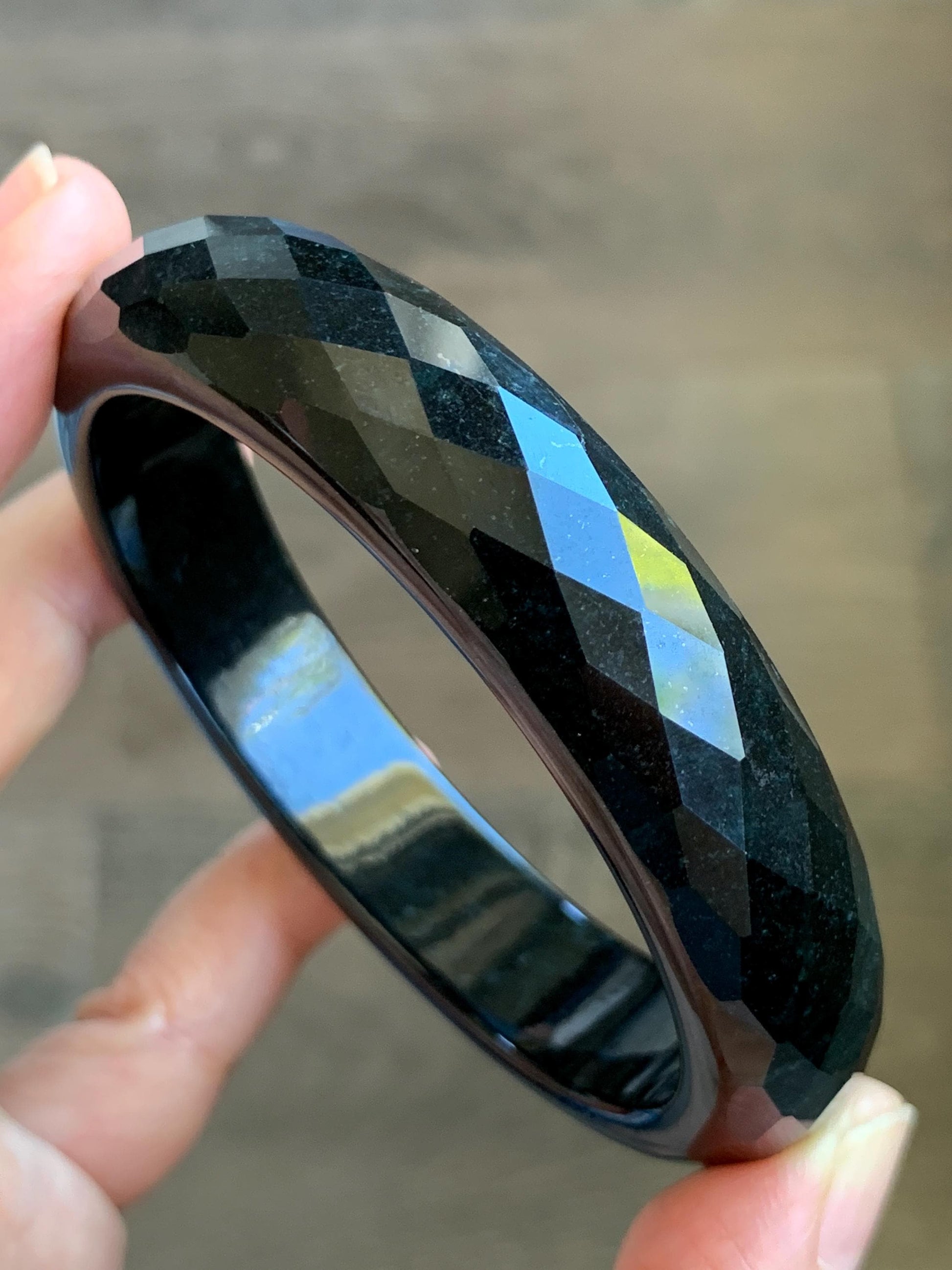 Certified Natural Grade A Opaque Black Jade Jadeite Diamond Faceted Wide Bangle 60.45mm 7.47” 67g 天然墨翠宽版切割面手镯 944