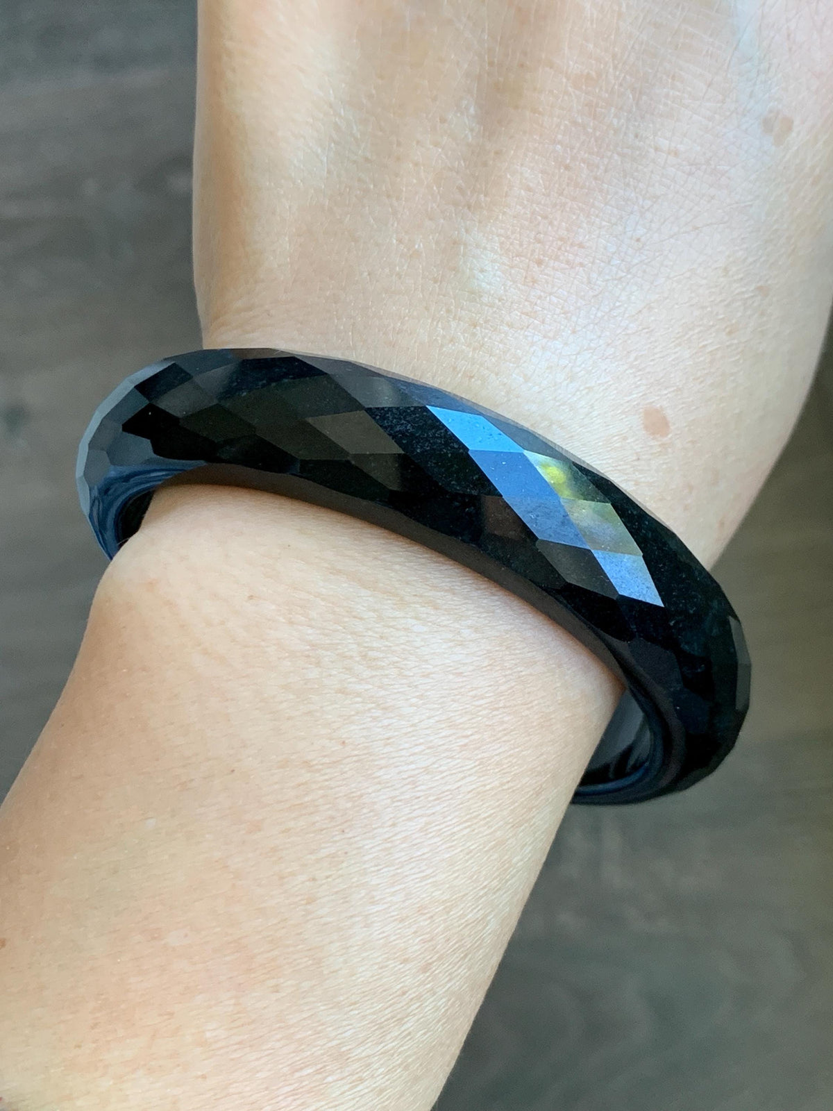 Certified Natural Grade A Opaque Black Jade Jadeite Diamond Faceted Wide Bangle 60.45mm 7.47” 67g 天然墨翠宽版切割面手镯 944