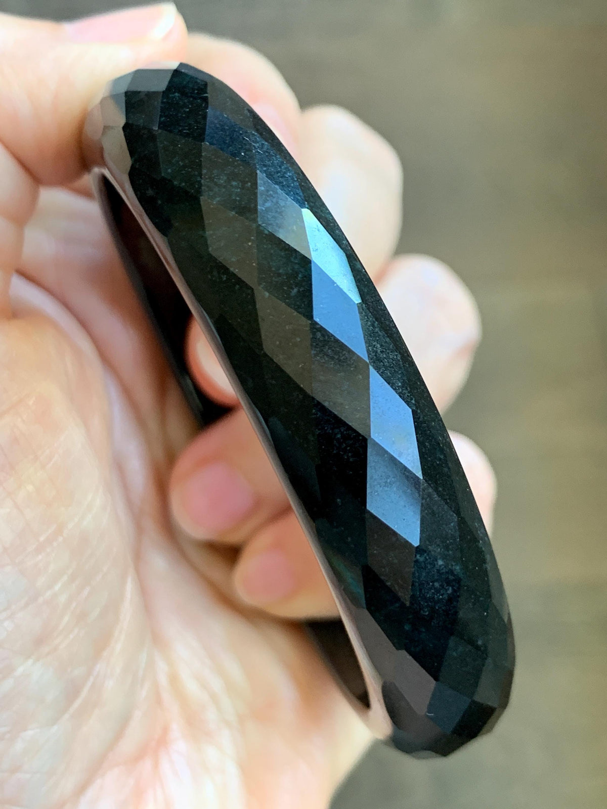 Certified Natural Grade A Opaque Black Jade Jadeite Diamond Faceted Wide Bangle 60.45mm 7.47” 67g 天然墨翠宽版切割面手镯 944