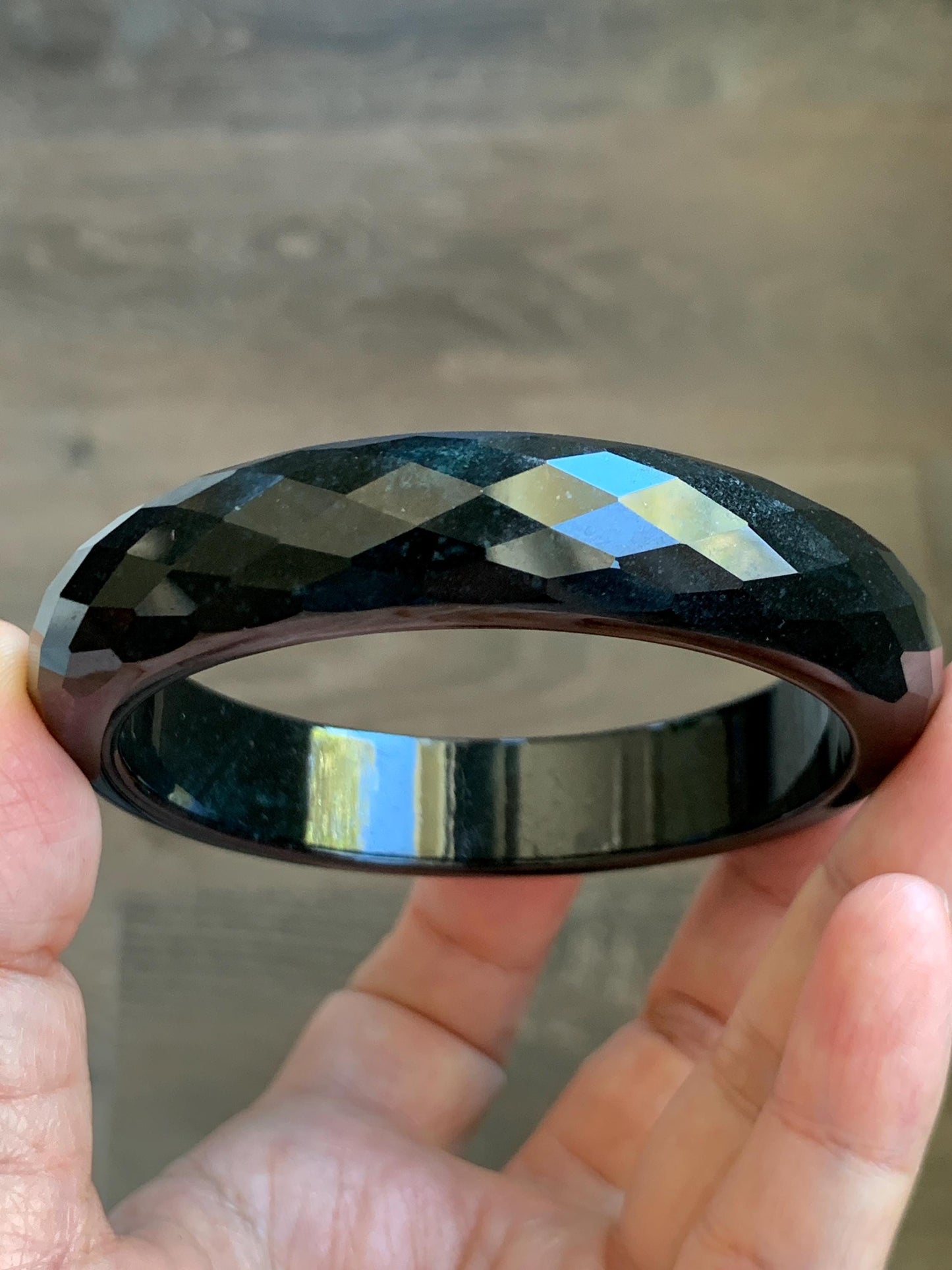 Certified Natural Grade A Opaque Black Jade Jadeite Diamond Faceted Wide Bangle 60.45mm 7.47” 67g 天然墨翠宽版切割面手镯 944