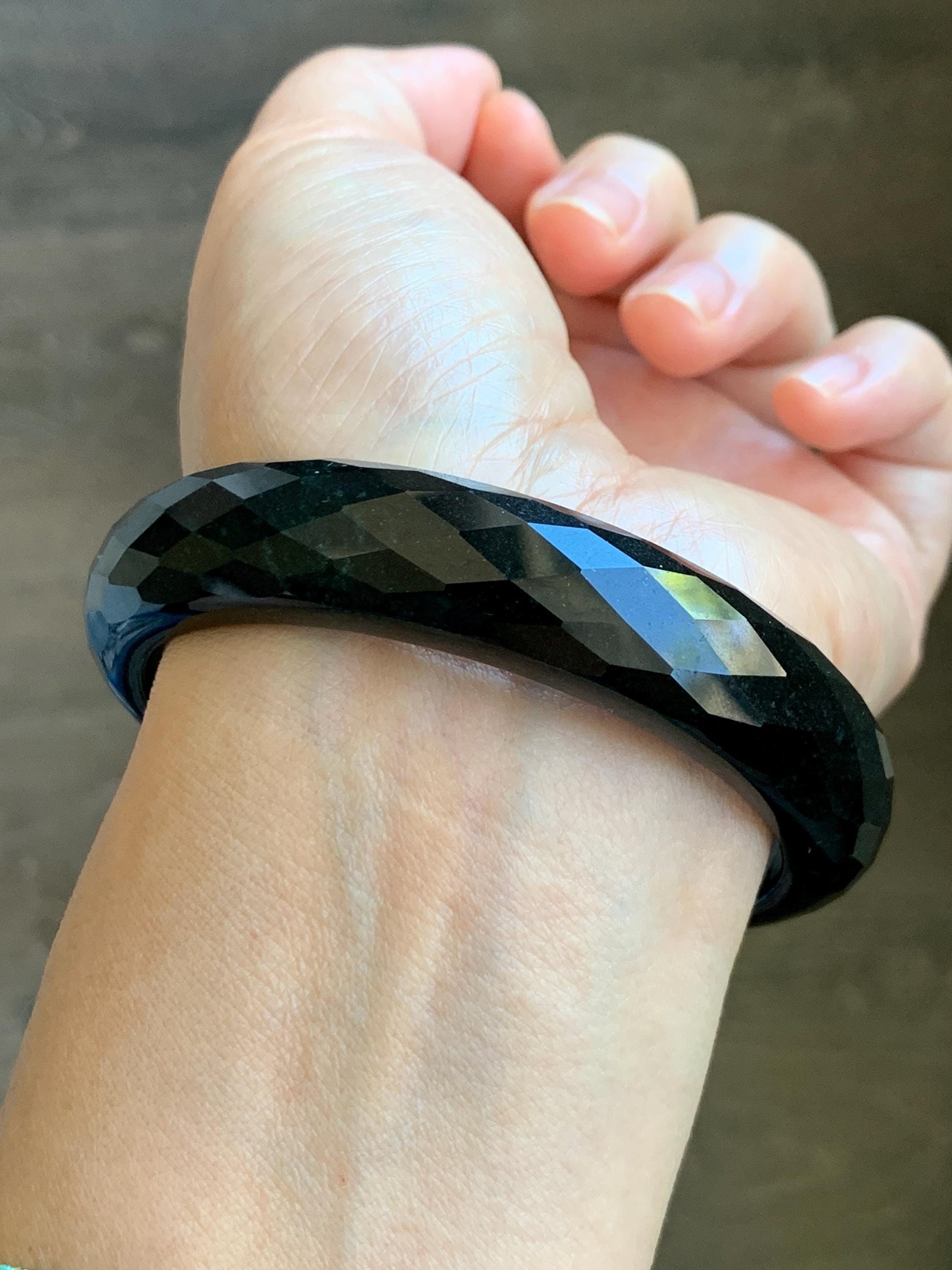 Certified Natural Grade A Opaque Black Jade Jadeite Diamond Faceted Wide Bangle 60.45mm 7.47” 67g 天然墨翠宽版切割面手镯 944