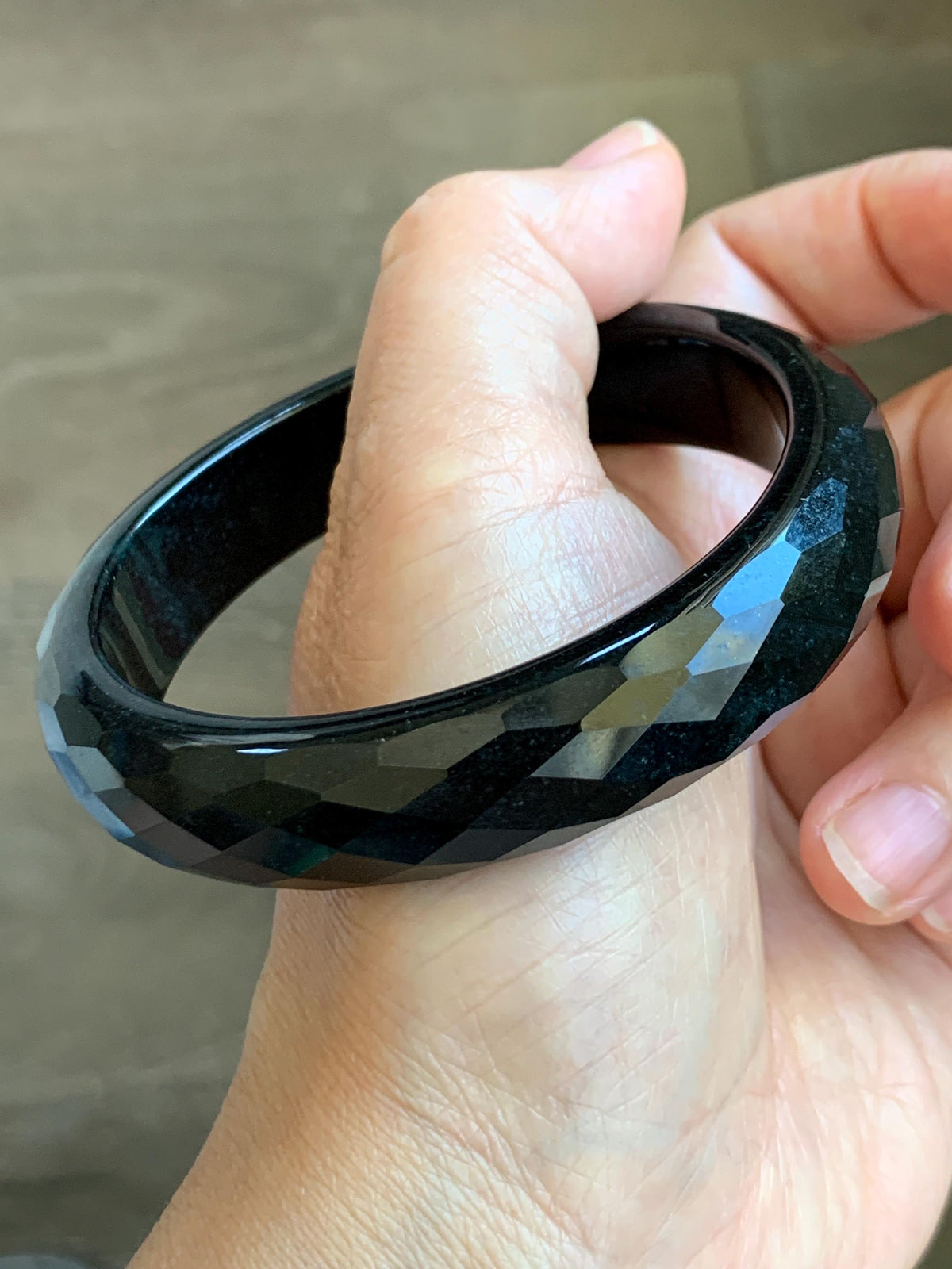 Certified Natural Grade A Opaque Black Jade Jadeite Diamond Faceted Wide Bangle 60.45mm 7.47” 67g 天然墨翠宽版切割面手镯 944
