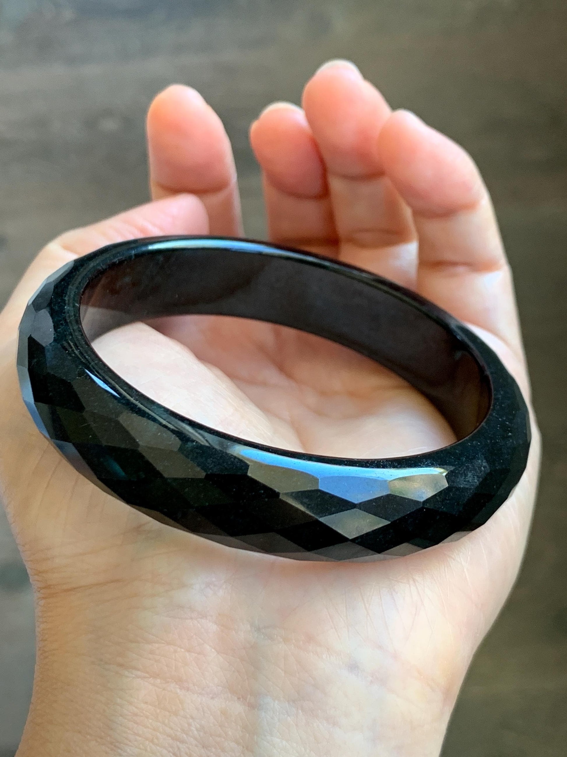 Certified Natural Grade A Opaque Black Jade Jadeite Diamond Faceted Wide Bangle 60.45mm 7.47” 67g 天然墨翠宽版切割面手镯 944