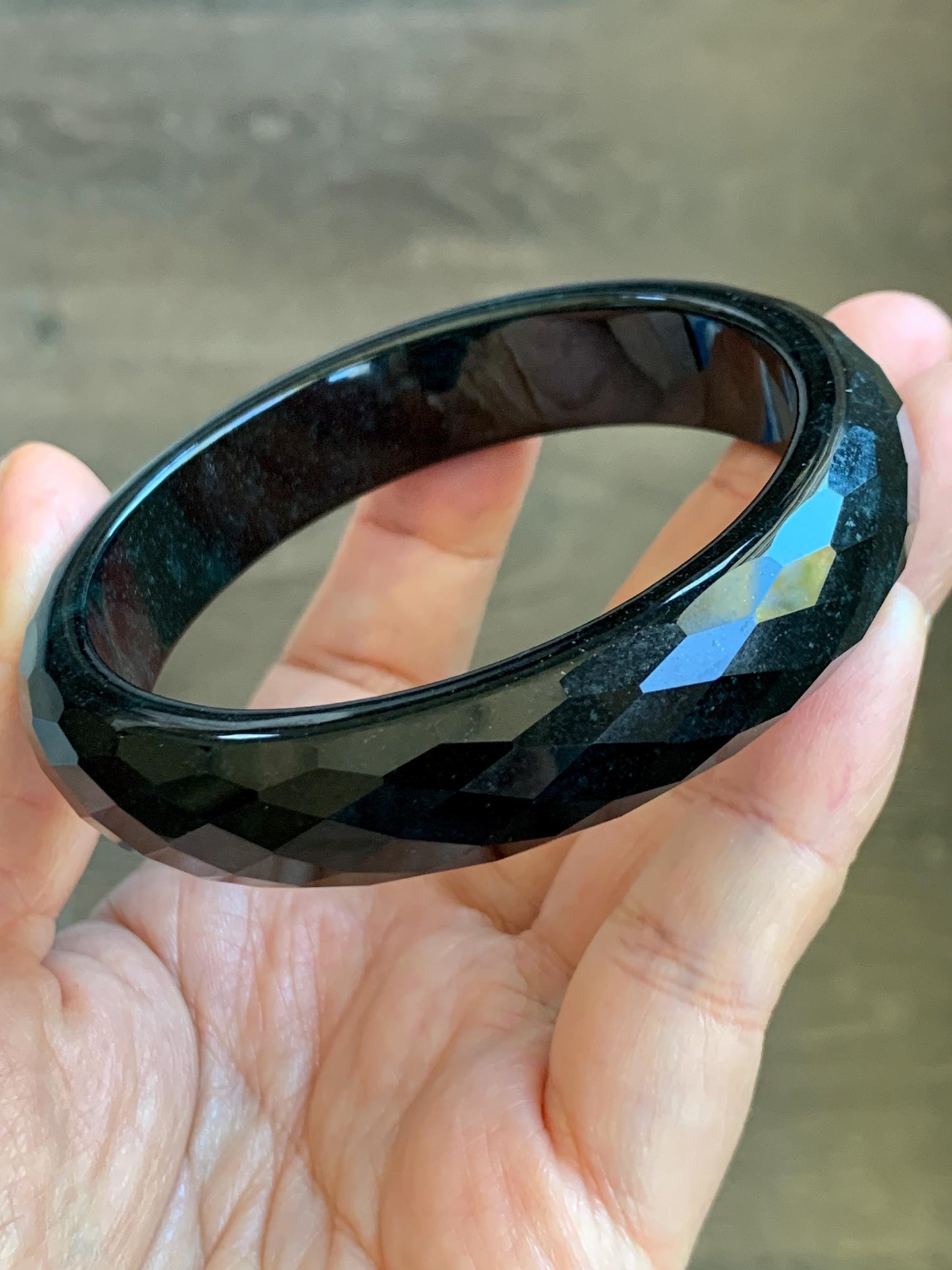 Certified Natural Grade A Opaque Black Jade Jadeite Diamond Faceted Wide Bangle 60.45mm 7.47” 67g 天然墨翠宽版切割面手镯 944