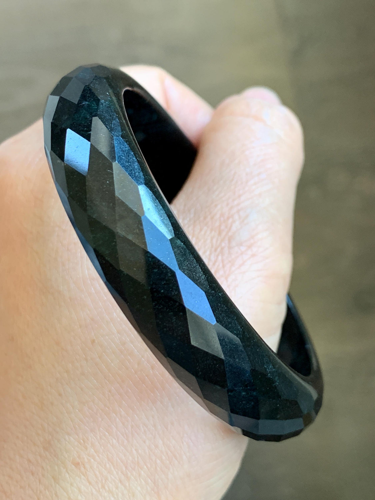 Certified Natural Grade A Opaque Black Jade Jadeite Diamond Faceted Wide Bangle 60.45mm 7.47” 67g 天然墨翠宽版切割面手镯 944