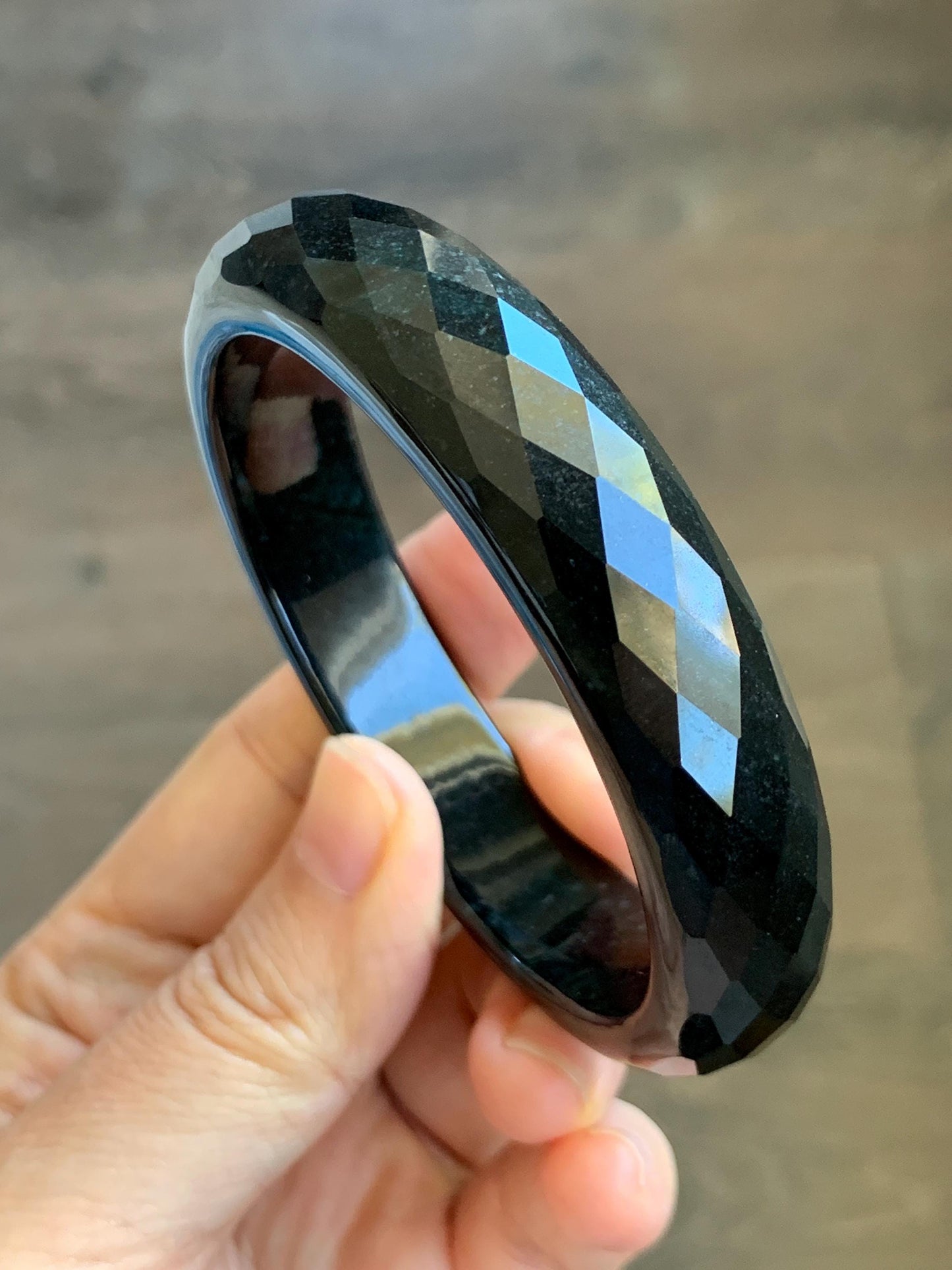 Certified Natural Grade A Opaque Black Jade Jadeite Diamond Faceted Wide Bangle 60.45mm 7.47” 67g 天然墨翠宽版切割面手镯 944