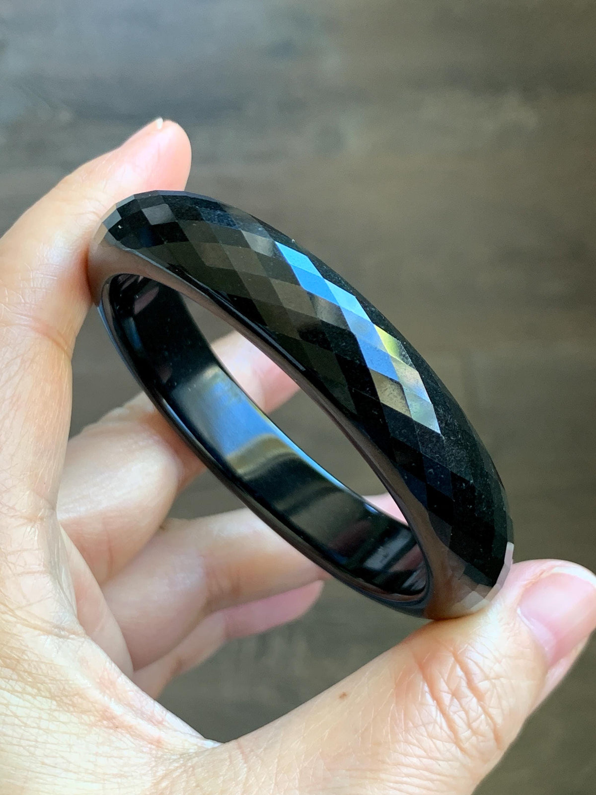 Certified Natural Grade A Opaque Black Jade Jadeite Diamond Faceted Wide Bangle 56.6mm 6.98” 51g 天然墨翠宽版切割面手镯 946