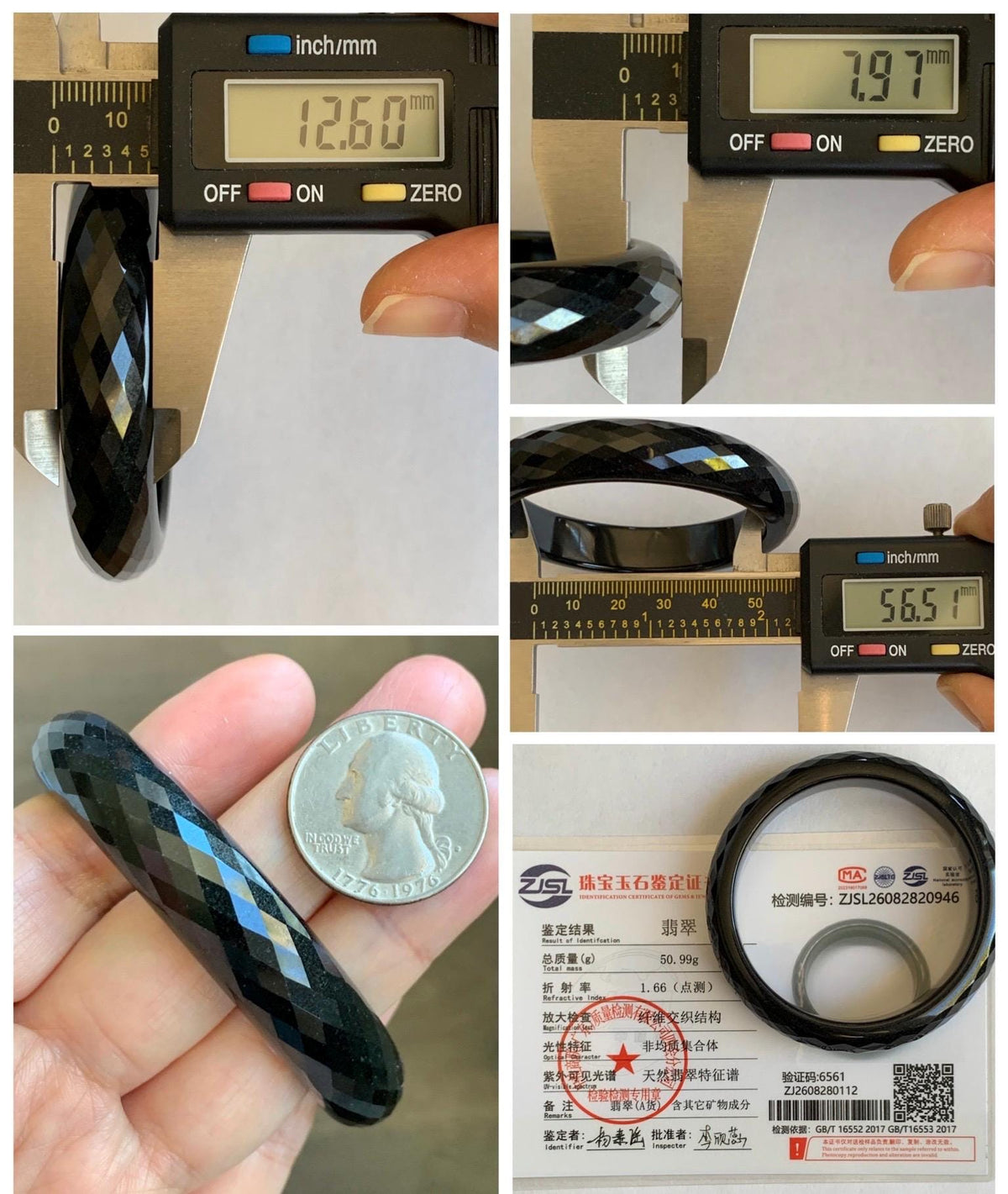 Certified Natural Grade A Opaque Black Jade Jadeite Diamond Faceted Wide Bangle 56.6mm 6.98” 51g 天然墨翠宽版切割面手镯 946