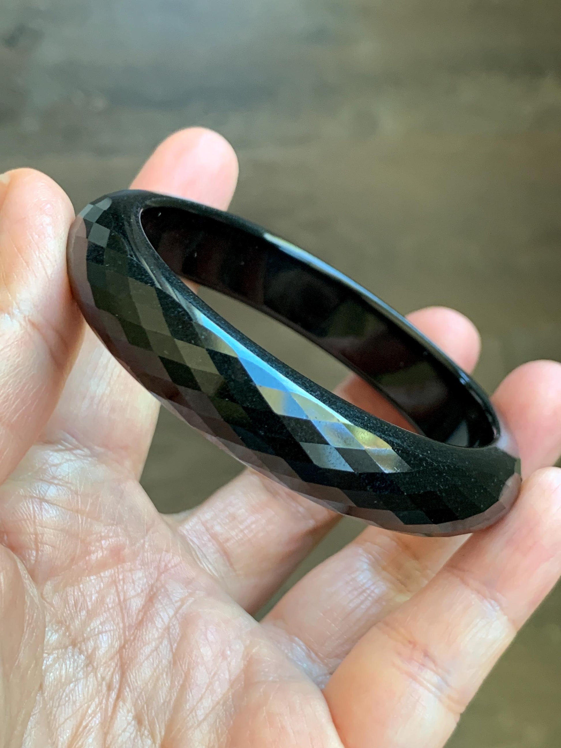 Certified Natural Grade A Opaque Black Jade Jadeite Diamond Faceted Wide Bangle 56.6mm 6.98” 51g 天然墨翠宽版切割面手镯 946