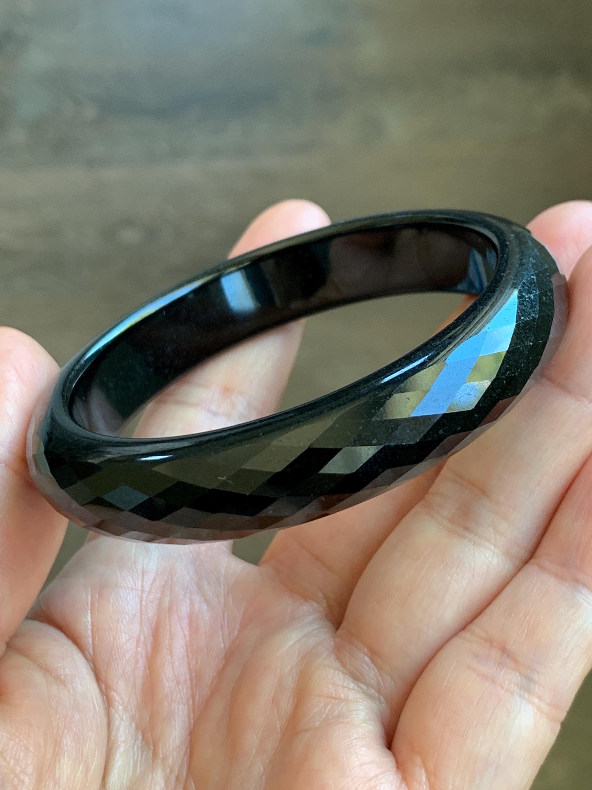 Certified Natural Grade A Opaque Black Jade Jadeite Diamond Faceted Wide Bangle 56.6mm 6.98” 51g 天然墨翠宽版切割面手镯 946