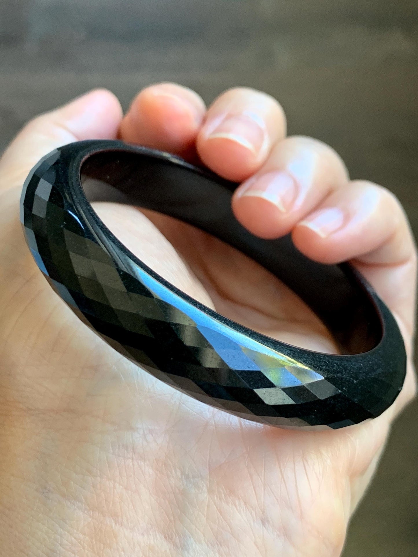 Certified Natural Grade A Opaque Black Jade Jadeite Diamond Faceted Wide Bangle 56.6mm 6.98” 51g 天然墨翠宽版切割面手镯 946